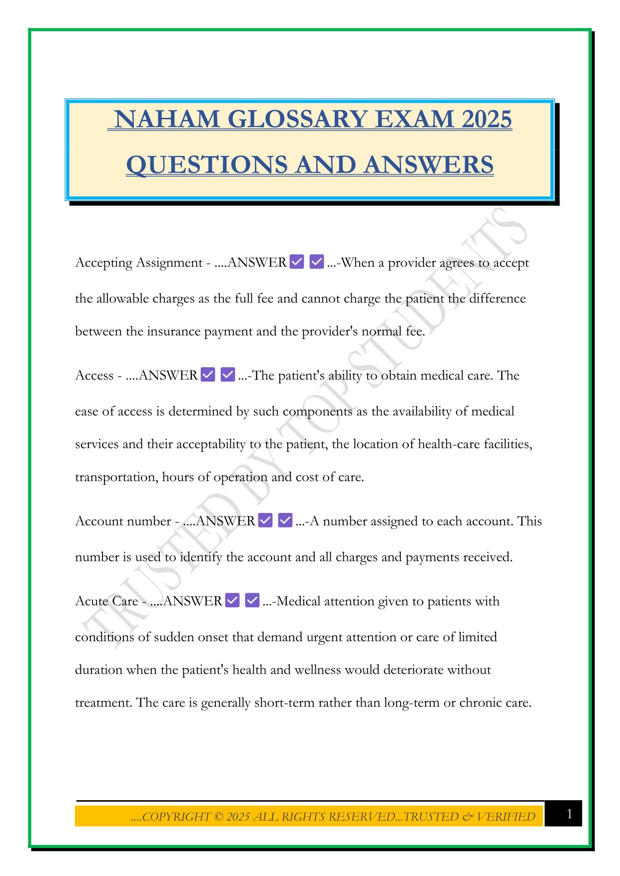NAHAM GLOSSARY EXAM 2025 QUESTIONS AND ANSWERS