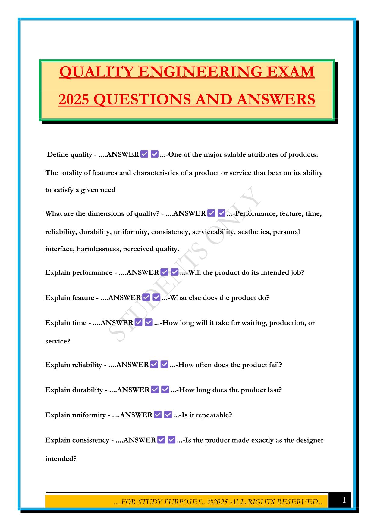 QUALITY ENGINEERING EXAM 2025 QUESTIONS AND ANSWERS
