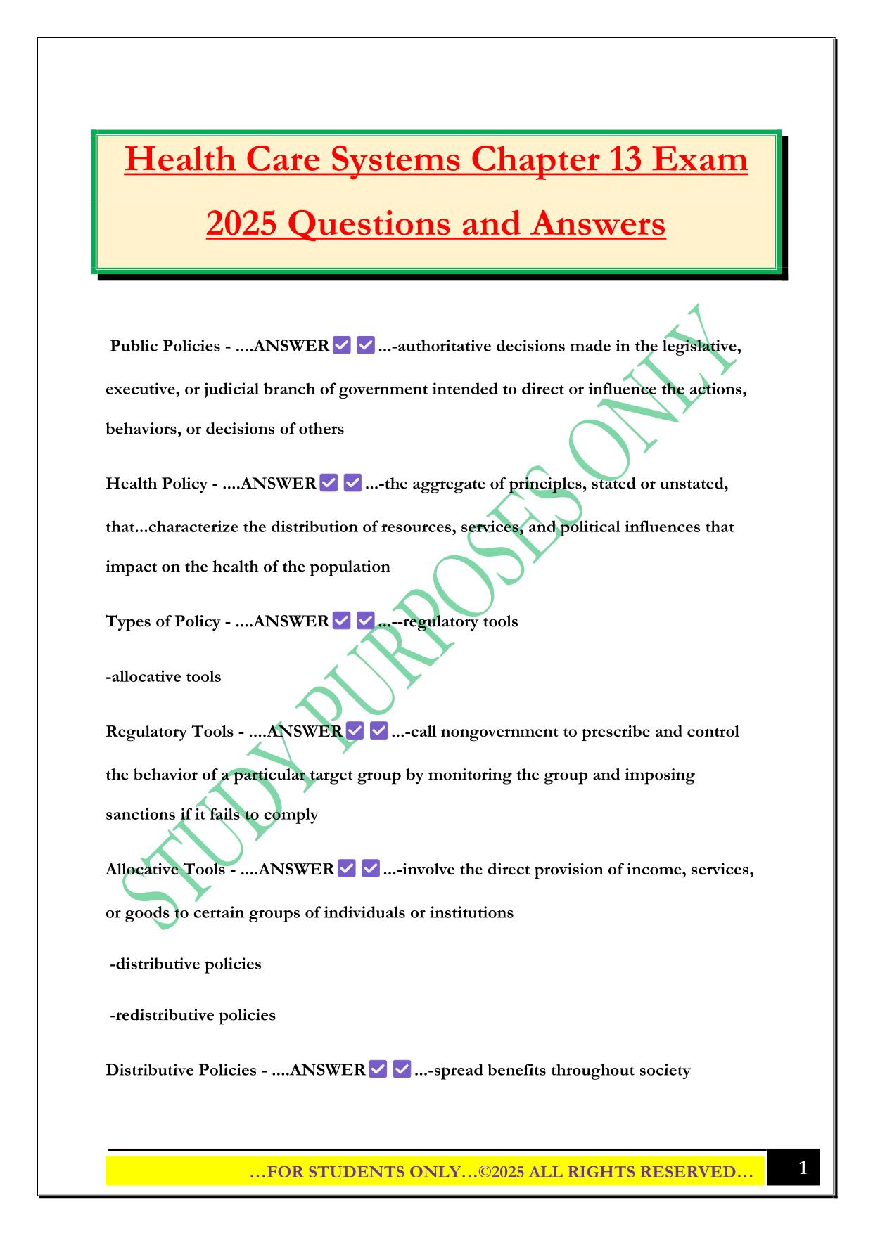 Health Care Systems Chapter 13 Exam 2025 Questions and Answers