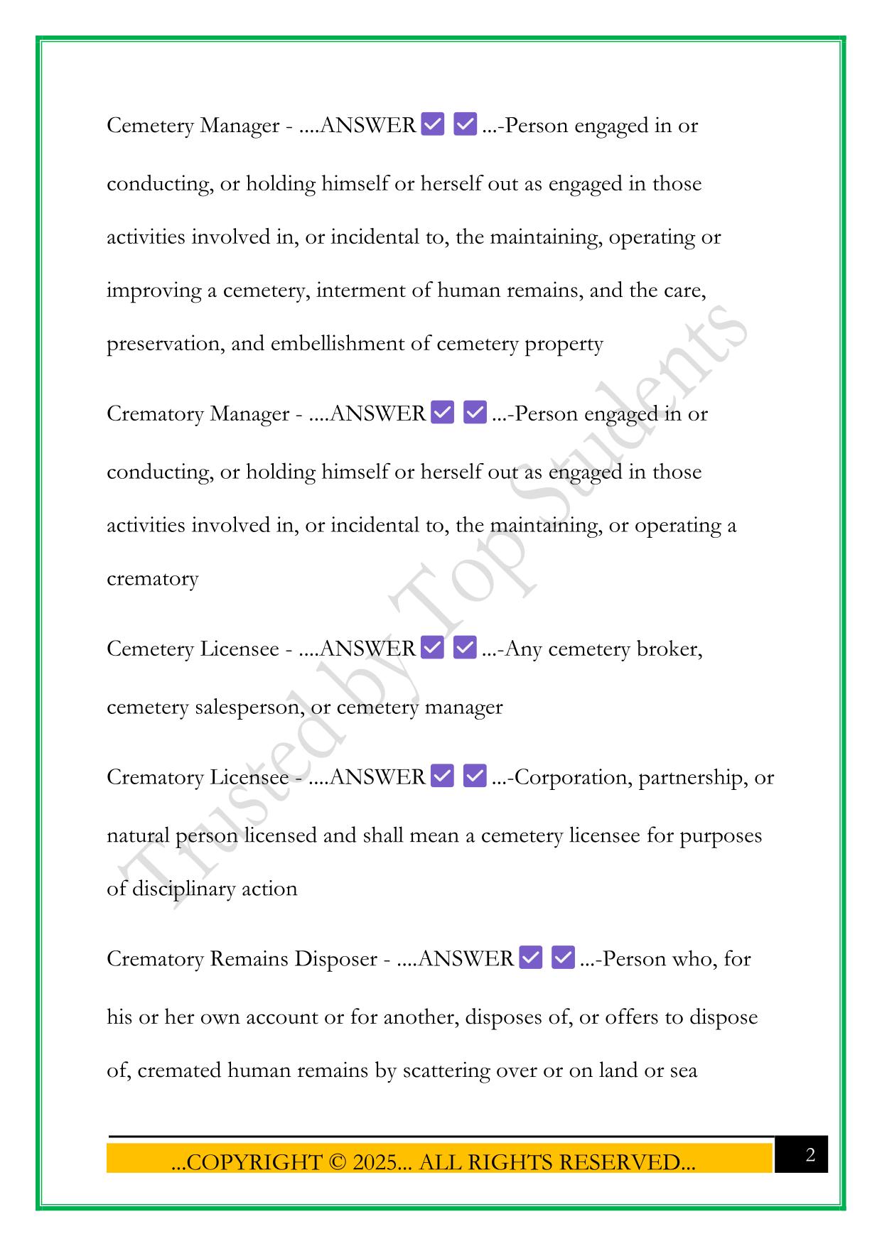 CALIFORNIA CEMETERY MANAGER EXAM 2025 QUESTIONS AND ANSWERS