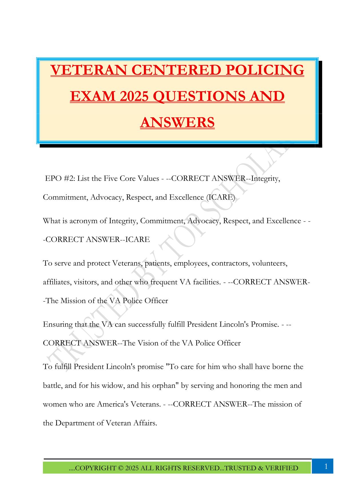 VETERAN CENTERED POLICING EXAM 2025 QUESTIONS AND ANSWERS
