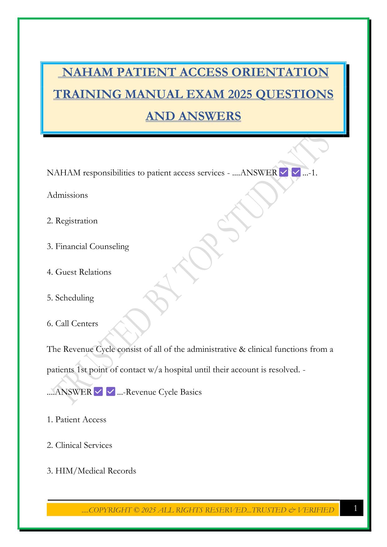 NAHAM PATIENT ACCESS ORIENTATION TRAINING MANUAL EXAM 2025 QUESTIONS AND ANSWERS