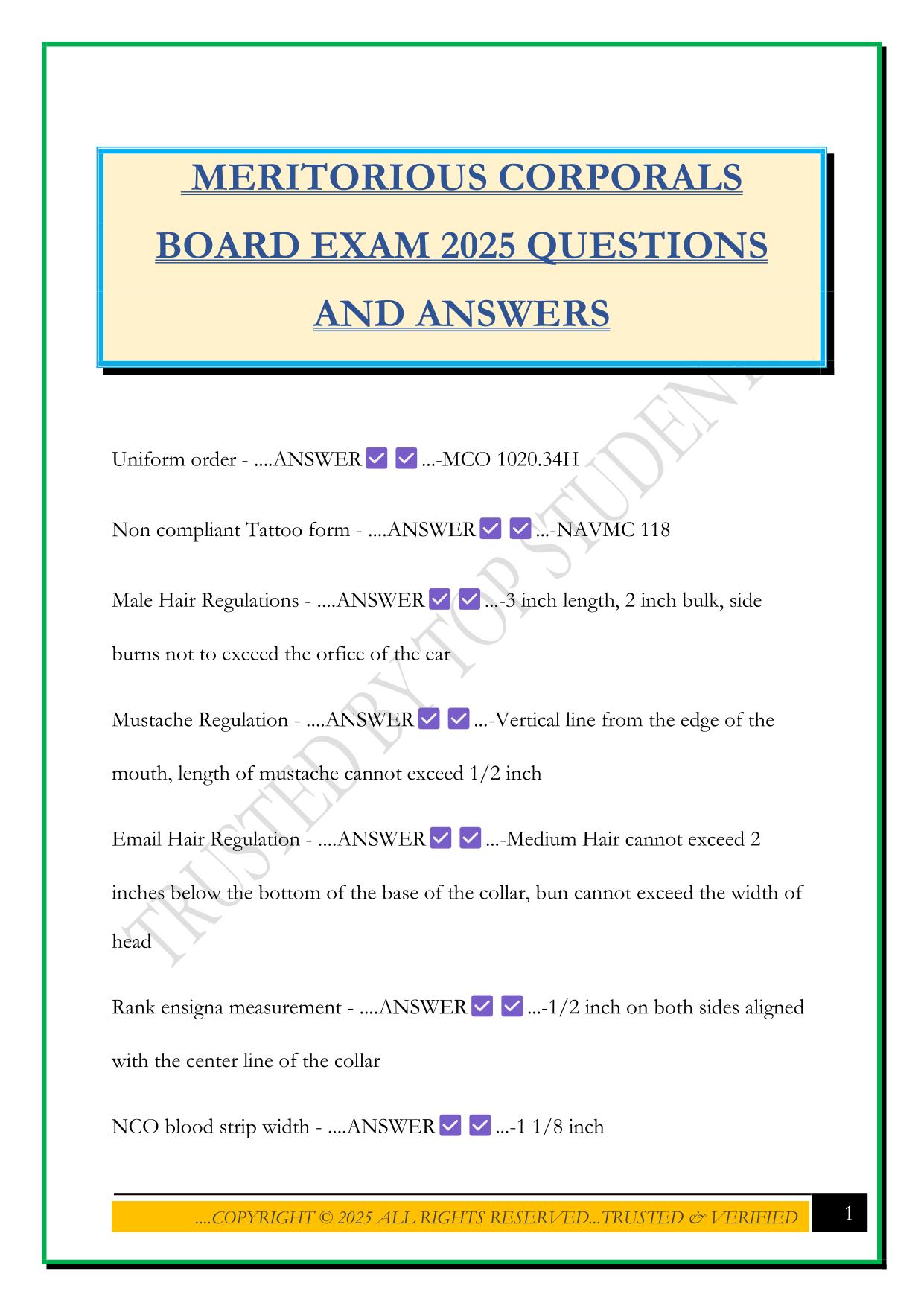 MERITORIOUS CORPORALS BOARD EXAM 2025 QUESTIONS AND ANSWERS