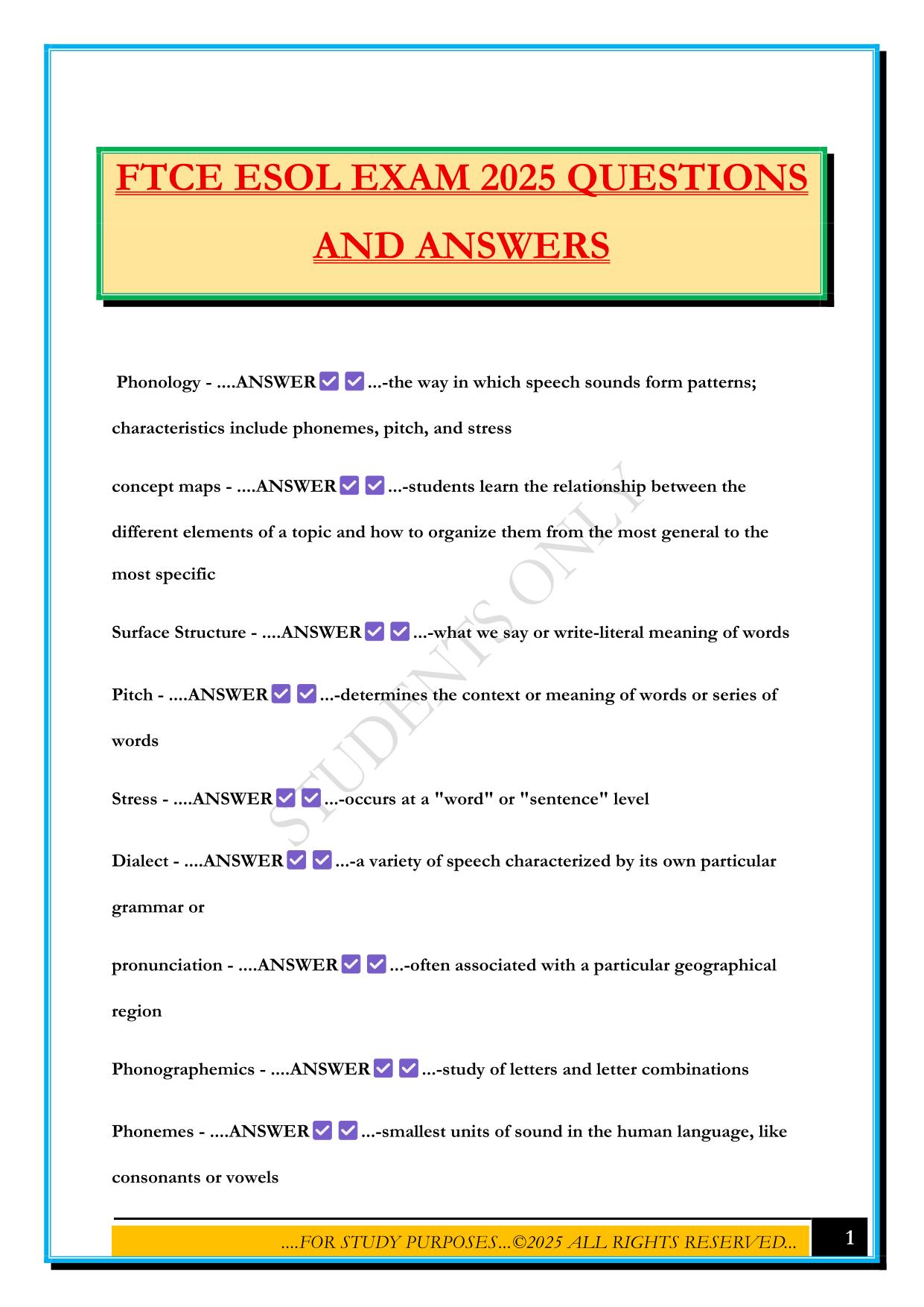FTCE ESOL EXAM 2025 QUESTIONS AND ANSWERS