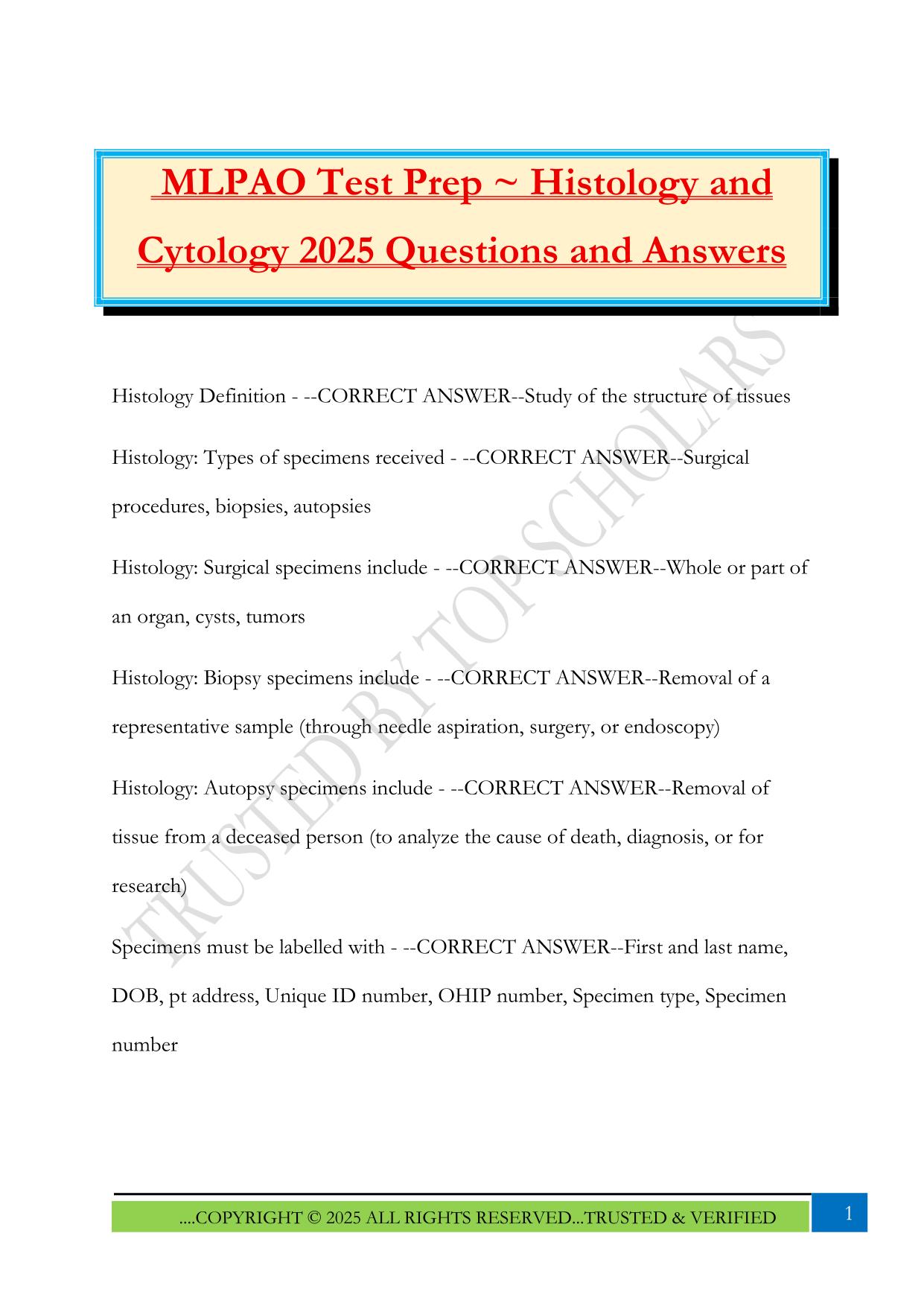 MLPAO Test Prep ~ Histology and Cytology 2025 Questions and Answer