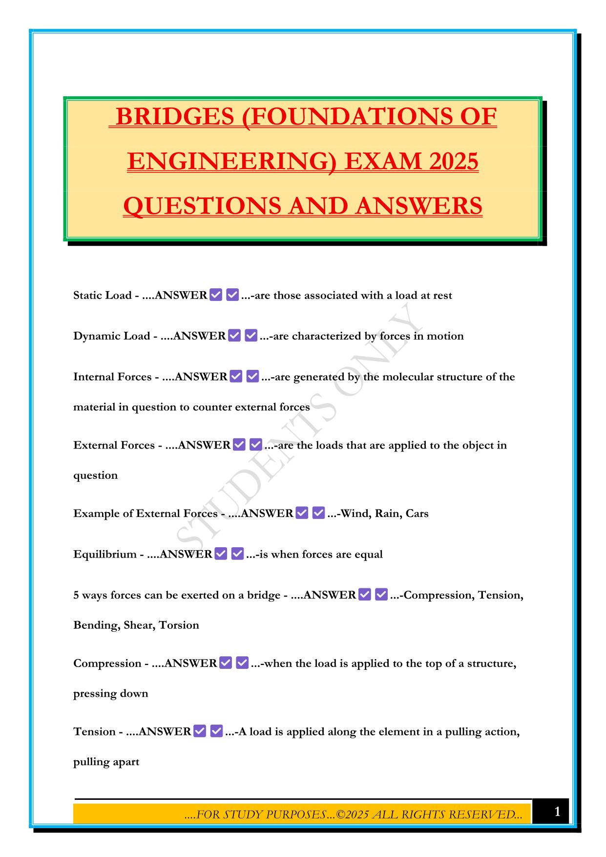 FUNDAMENTALS OF ENGINEERING Bundled Exams 2025/2026 |Questions and Answers |100% Pass