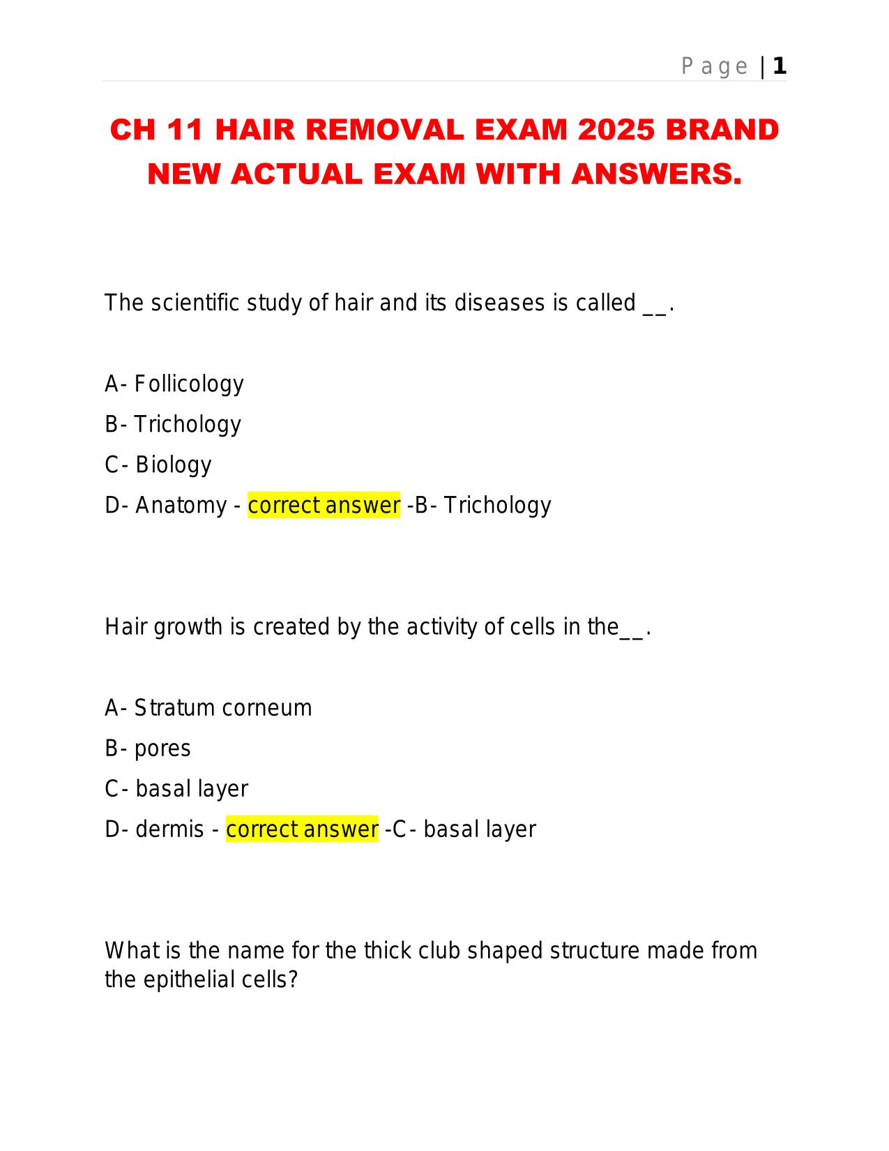 CH 11 HAIR REMOVAL EXAM 2025 BRAND NEW ACTUAL EXAM WITH ANSWERS.