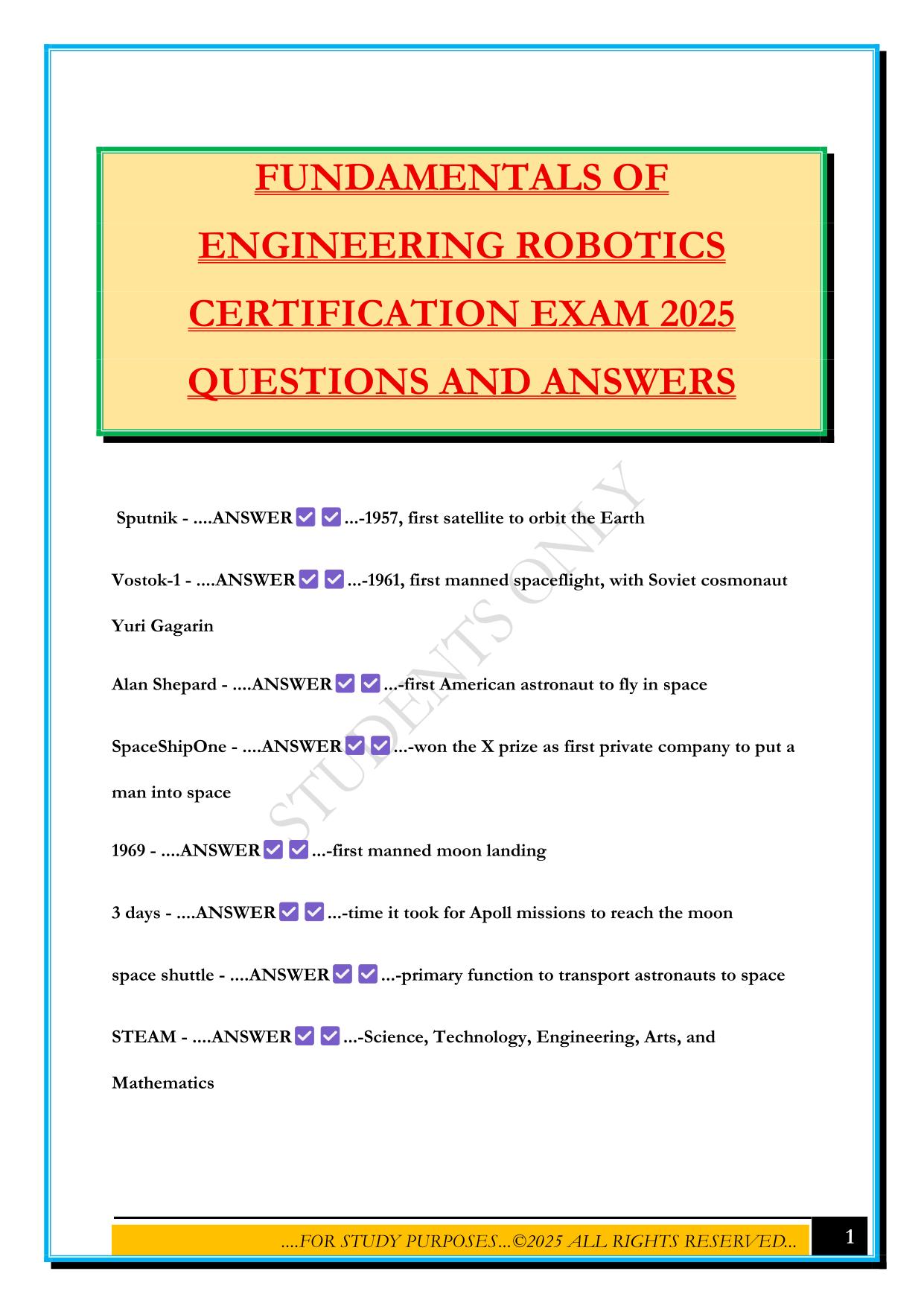 FUNDAMENTALS OF ENGINEERING ROBOTICS CERTIFICATION EXAM 2025 QUESTIONS AND ANSWERS