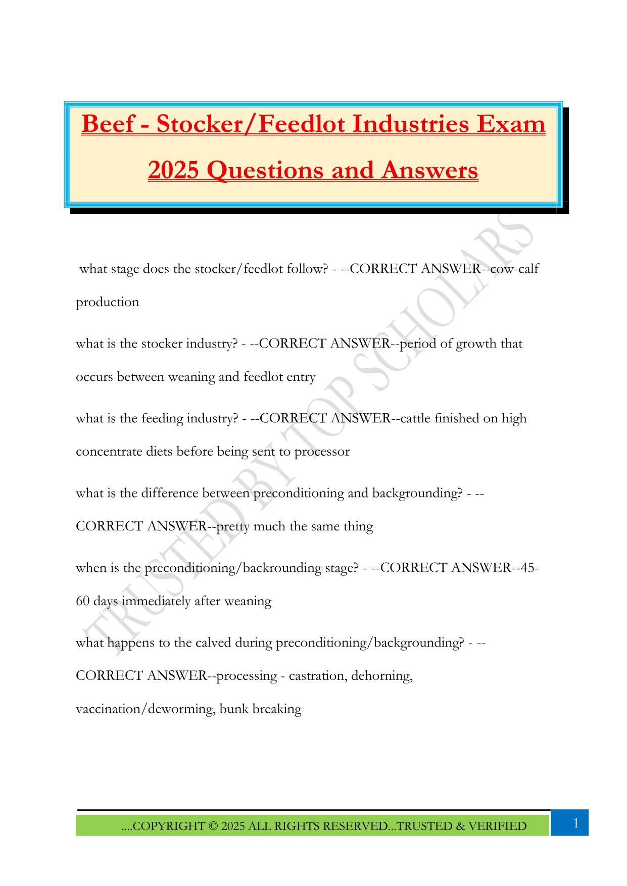 Beef - Stocker/Feedlot Industries Exam 2025 Questions and Answers