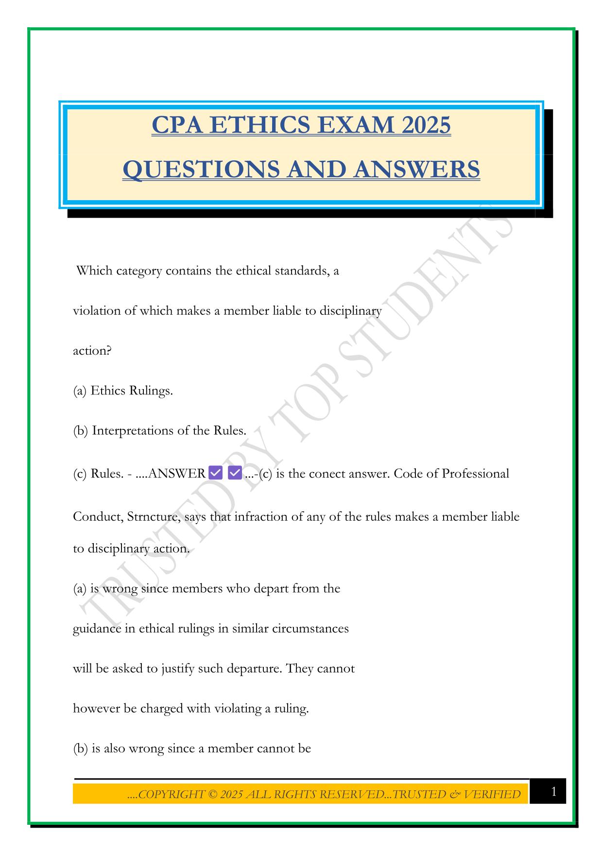 CPA ETHICS EXAM 2025 QUESTIONS AND ANSWERS