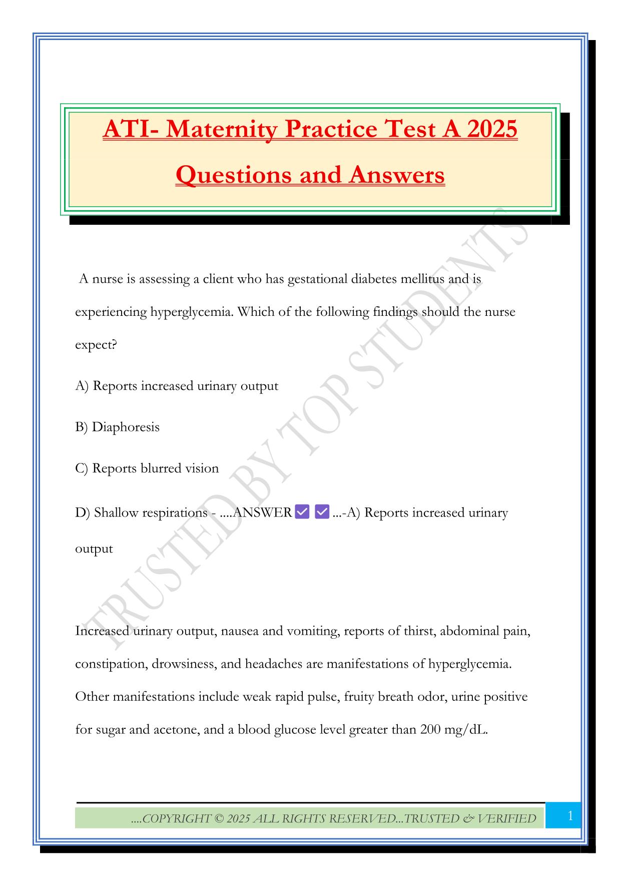 ATI- Maternity Practice Test A 2025 Questions and Answers