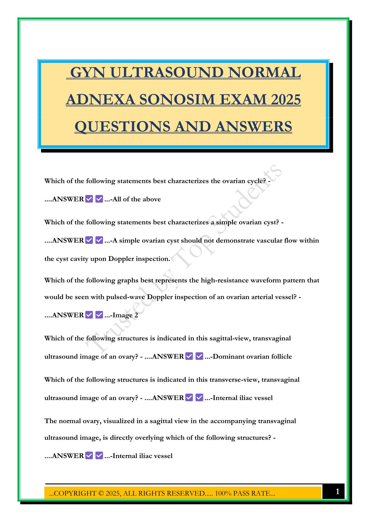 GYN ULTRASOUND NORMAL ADNEXA SONOSIM EXAM 2025 QUESTIONS AND ANSWERS