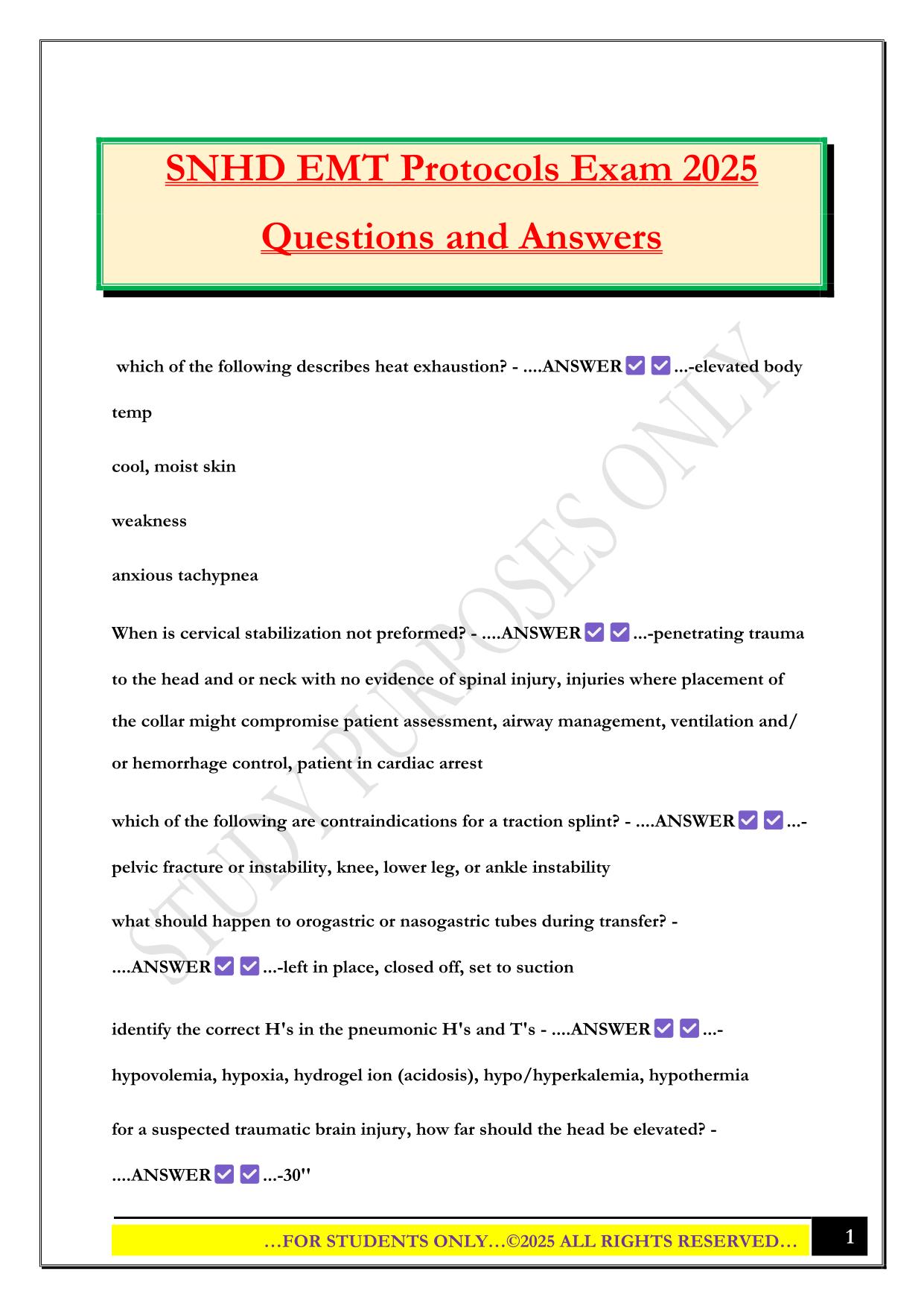 SNHD EMT Protocols Exam 2025 Questions and Answers