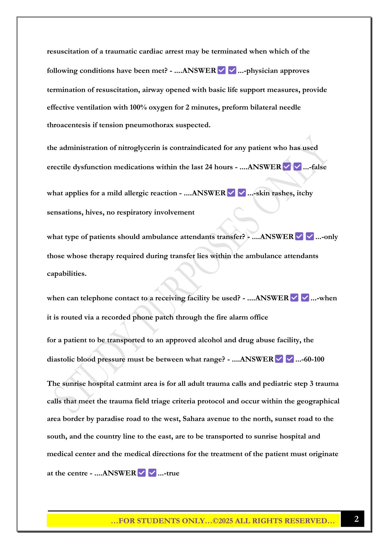 SNHD EMT Protocols Exam 2025 Questions and Answers
