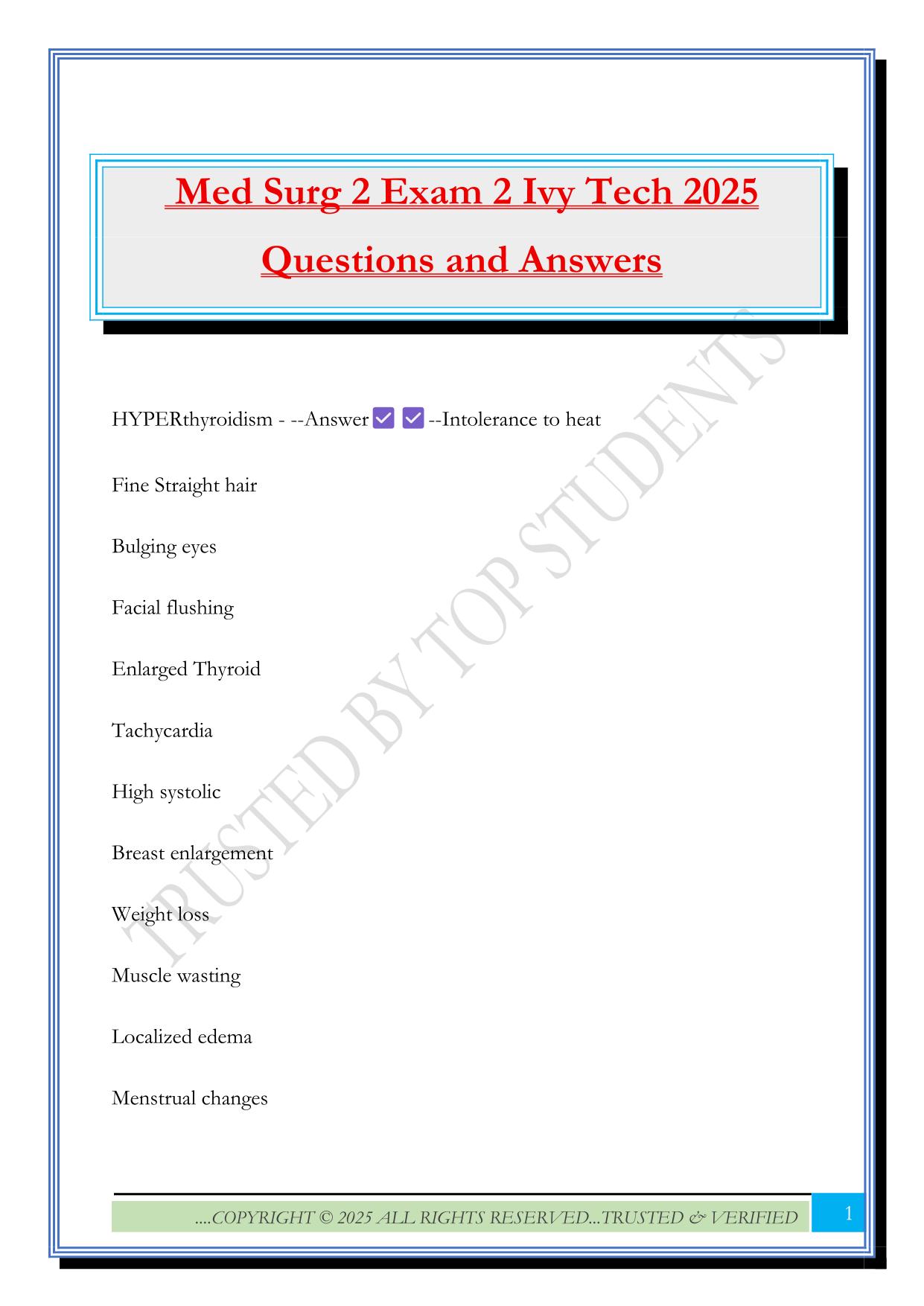 Med Surg 2 Exam 2 Ivy Tech 2025 Questions and Answers