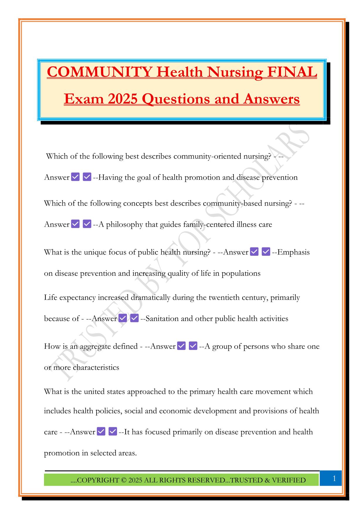 COMMUNITY Health Nursing FINAL Exam 2025 Questions and Answers
