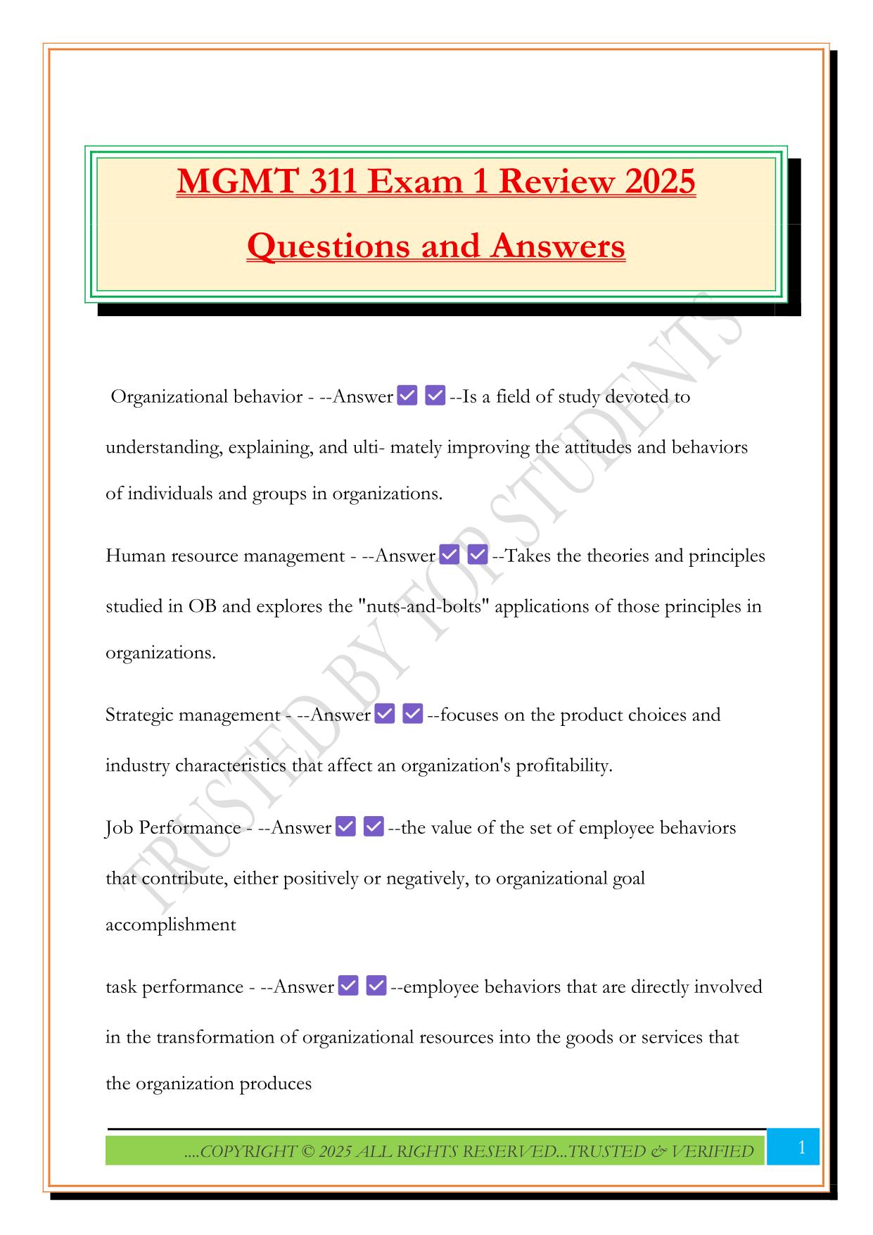 MGMT 311 Exam 1 Review 2025 Questions and Answers