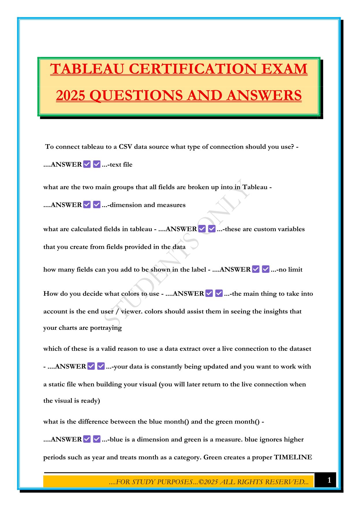 TABLEAU CERTIFICATION EXAM 2025 QUESTIONS AND ANSWERS