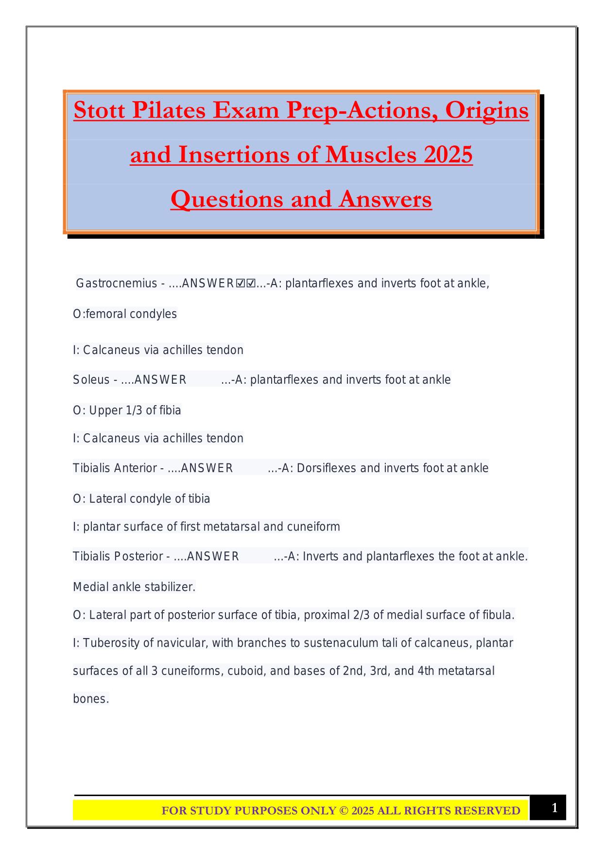 Stott Pilates Exam Prep-Actions, Origins and Insertions of Muscles 2025 Questions and Answers