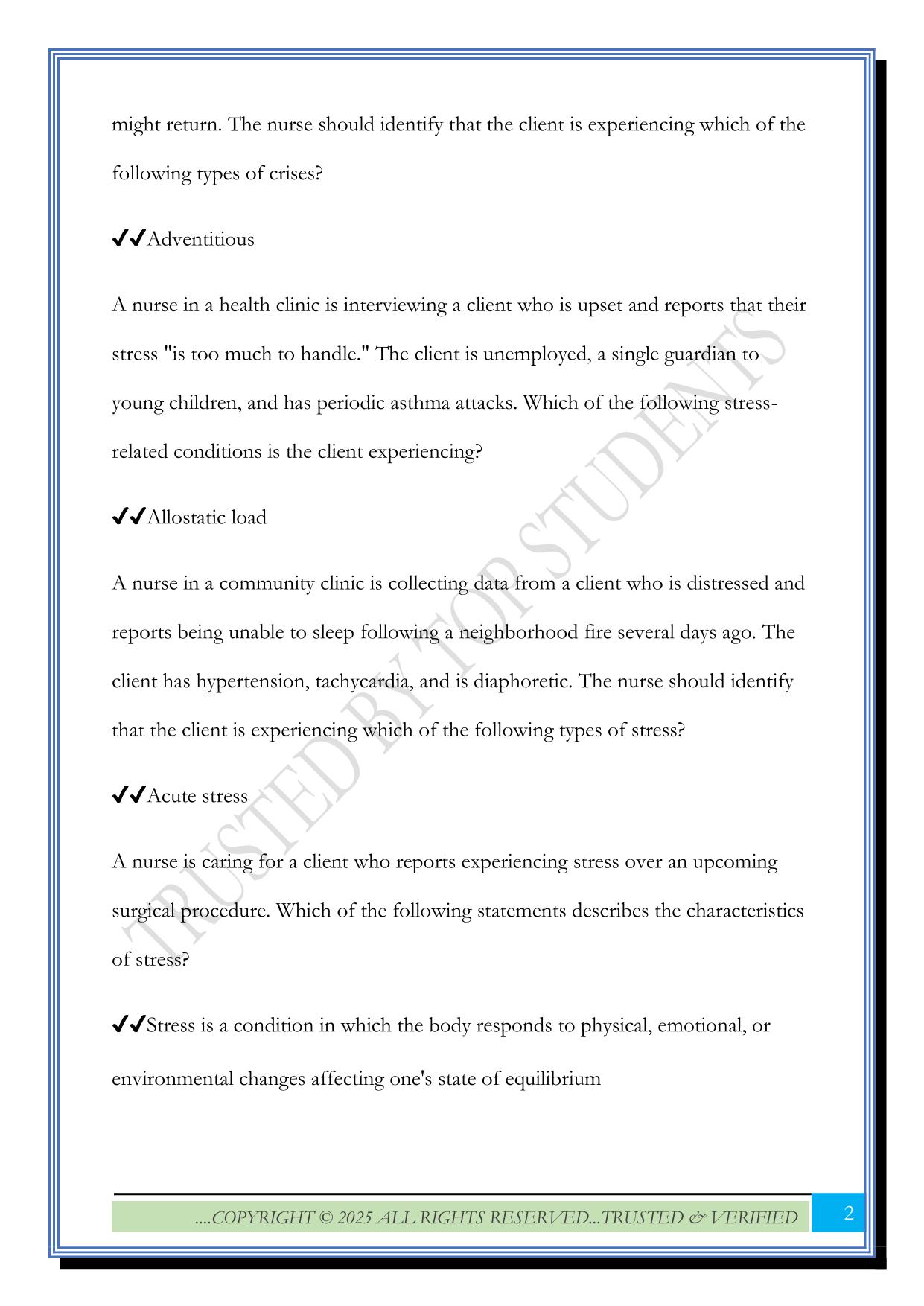 ATI Stress & Coping Exam 2025 Questions and Answers