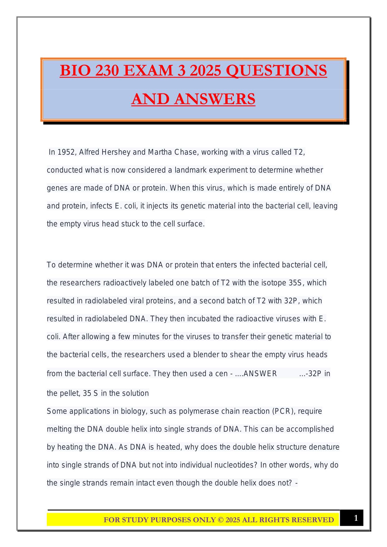 BIO 230 EXAM 3 2025 QUESTIONS AND ANSWERS