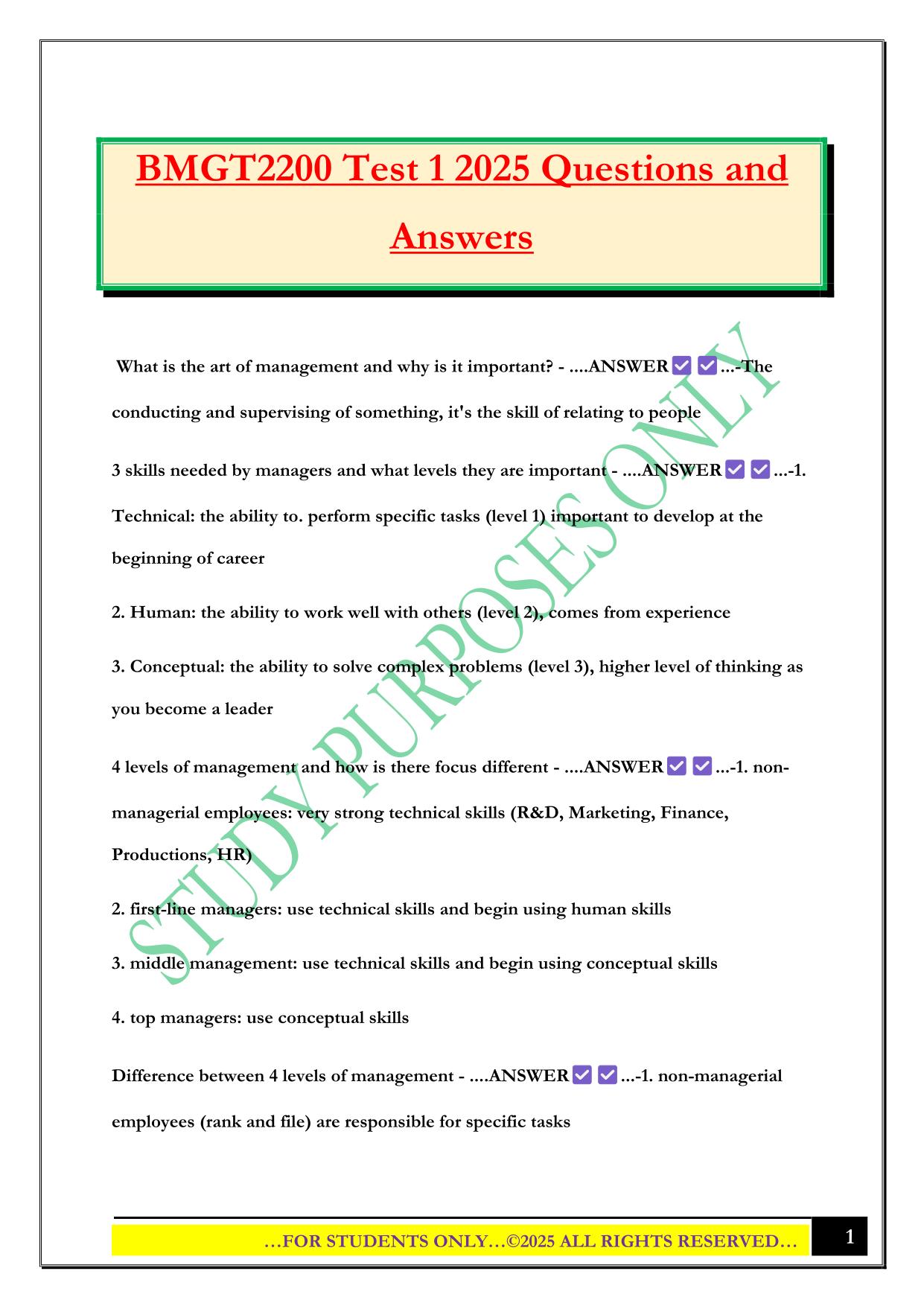 BMGT2200 Test 1 2025 Questions and Answers