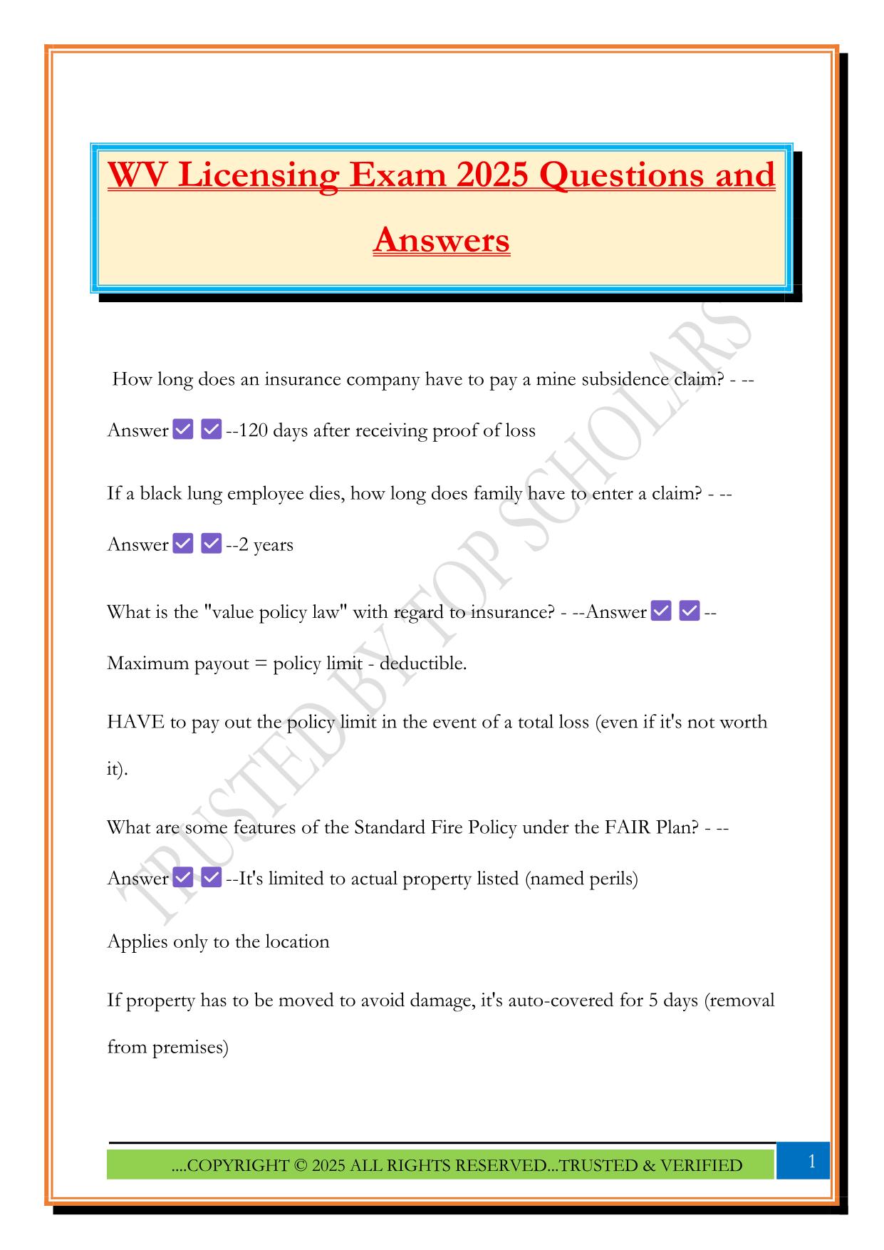 WV Licensing Exam 2025 Questions and Answers