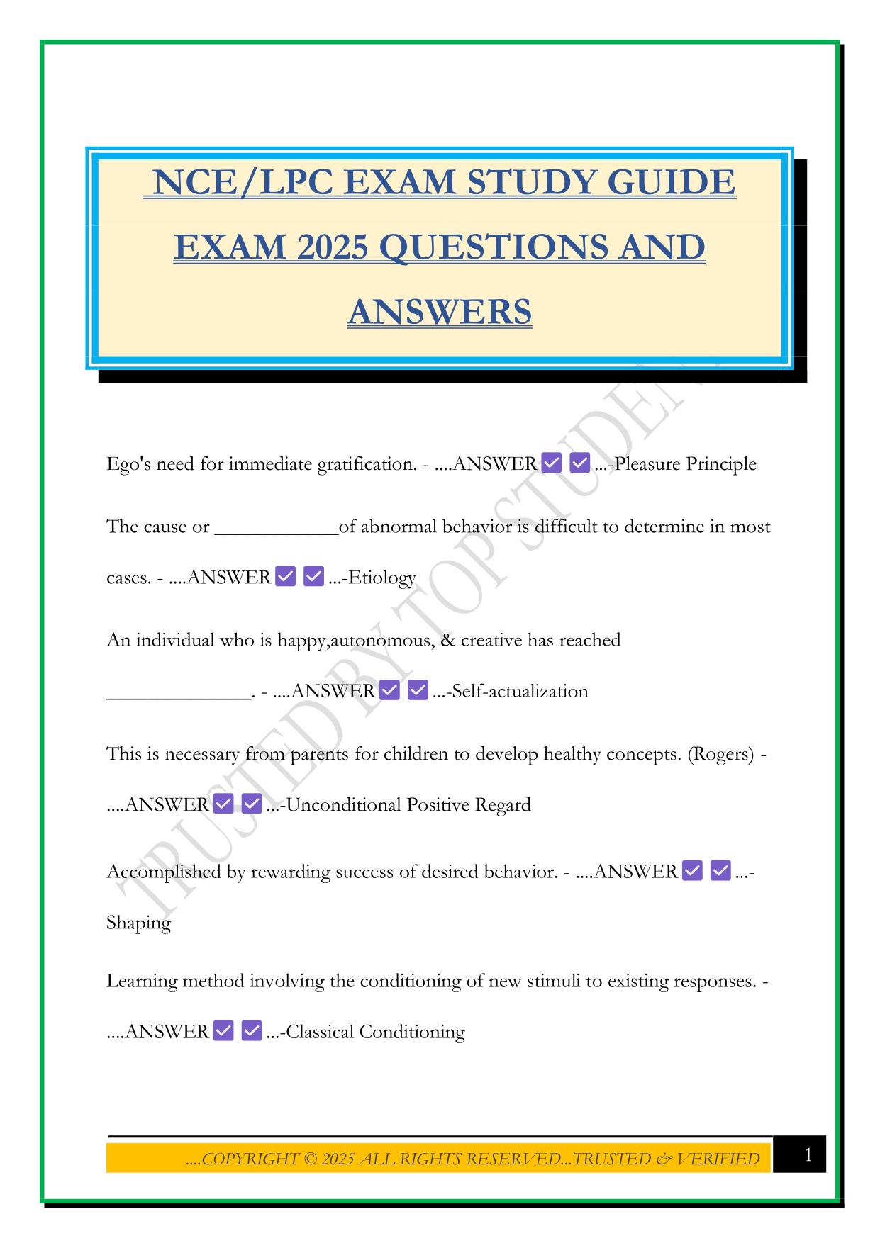 NCE/LPC EXAM STUDY GUIDE EXAM 2025 QUESTIONS AND ANSWERS