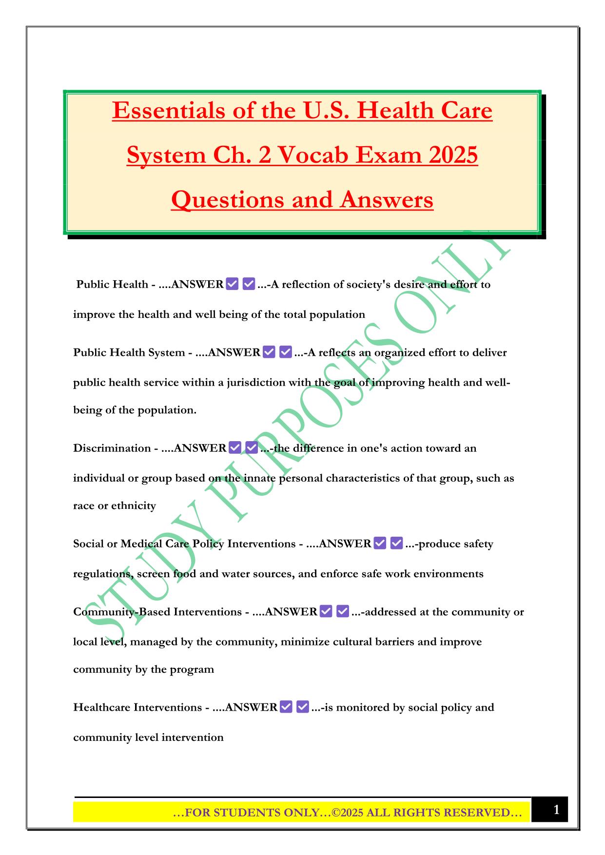Essentials of the U.S. Health Care System Ch. 2 Vocab Exam 2025 Questions and Answers