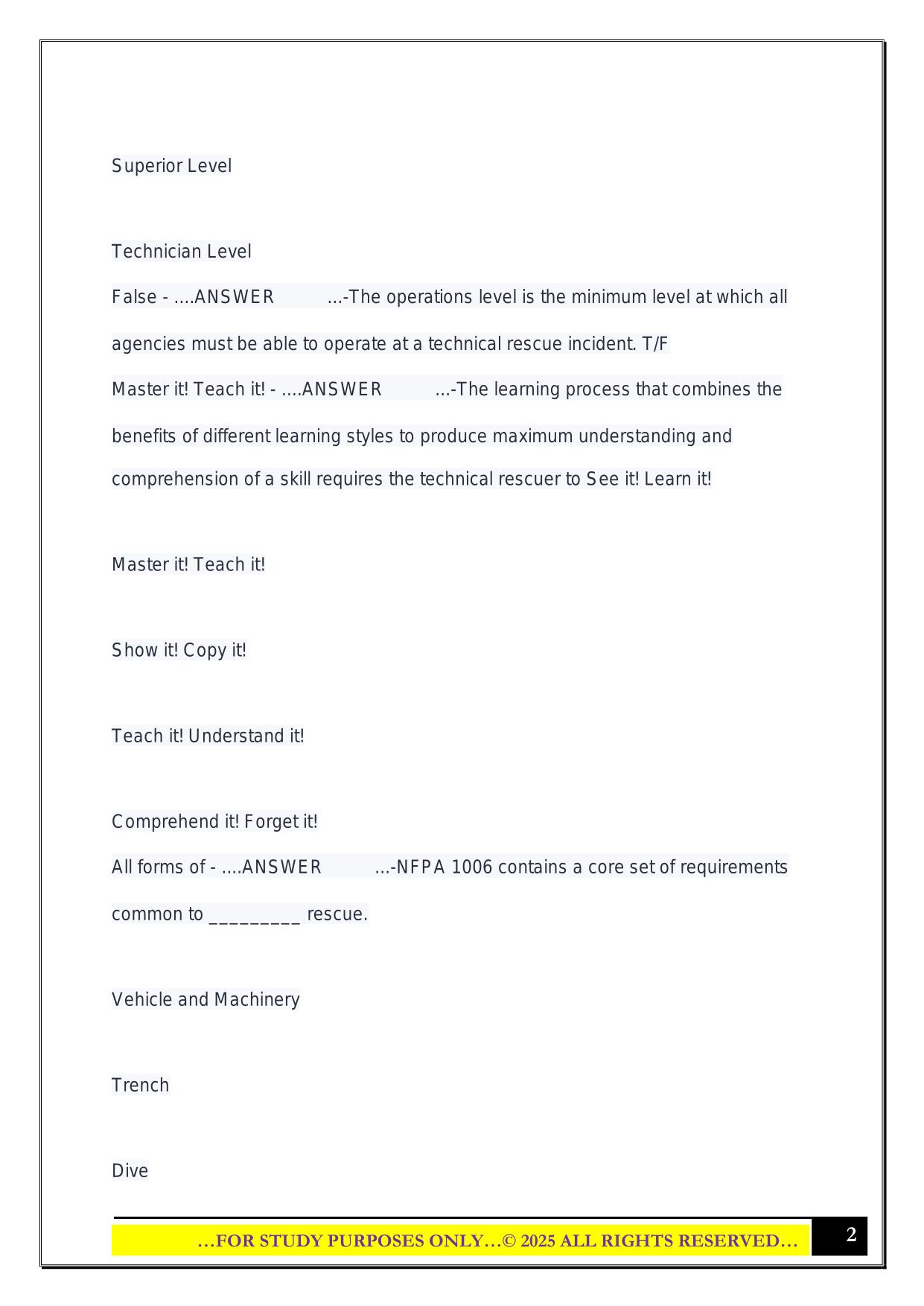 Vehicle Rescue Technician, NFPA 1670 (Vehicle Extrication Levels I & II: Principles and Practice) 2025 Questions and Answers