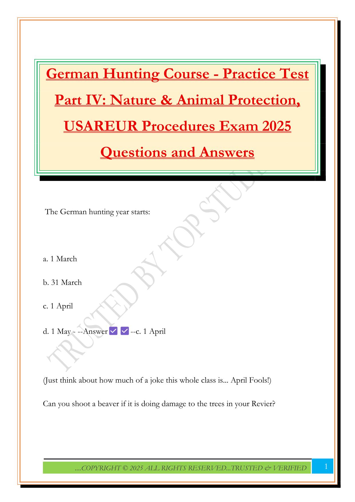German Hunting Course - Practice Test Part IV: Nature & Animal Protection, USAREUR Procedures Exam 2025 Questions and Answers