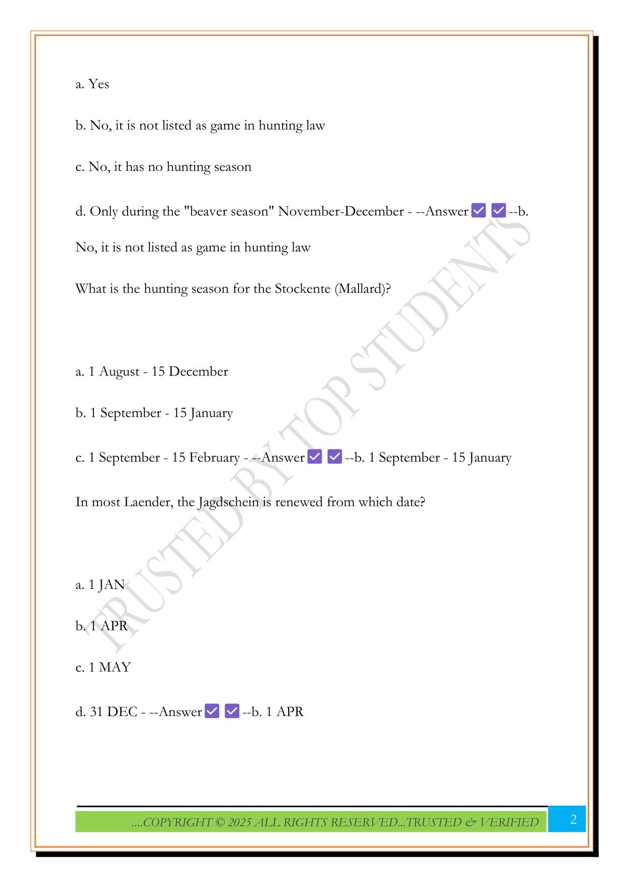 German Hunting Course - Practice Test Part IV: Nature & Animal Protection, USAREUR Procedures Exam 2025 Questions and Answers