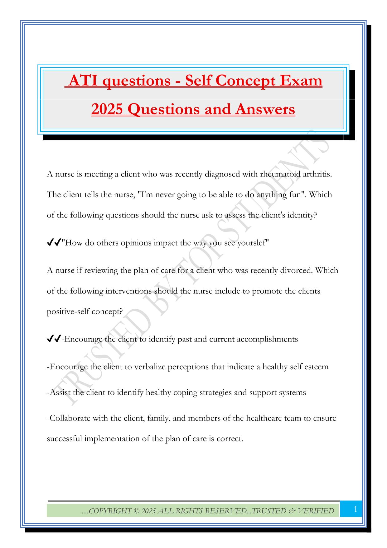 ATI questions - Self Concept Exam 2025 Questions and Answers