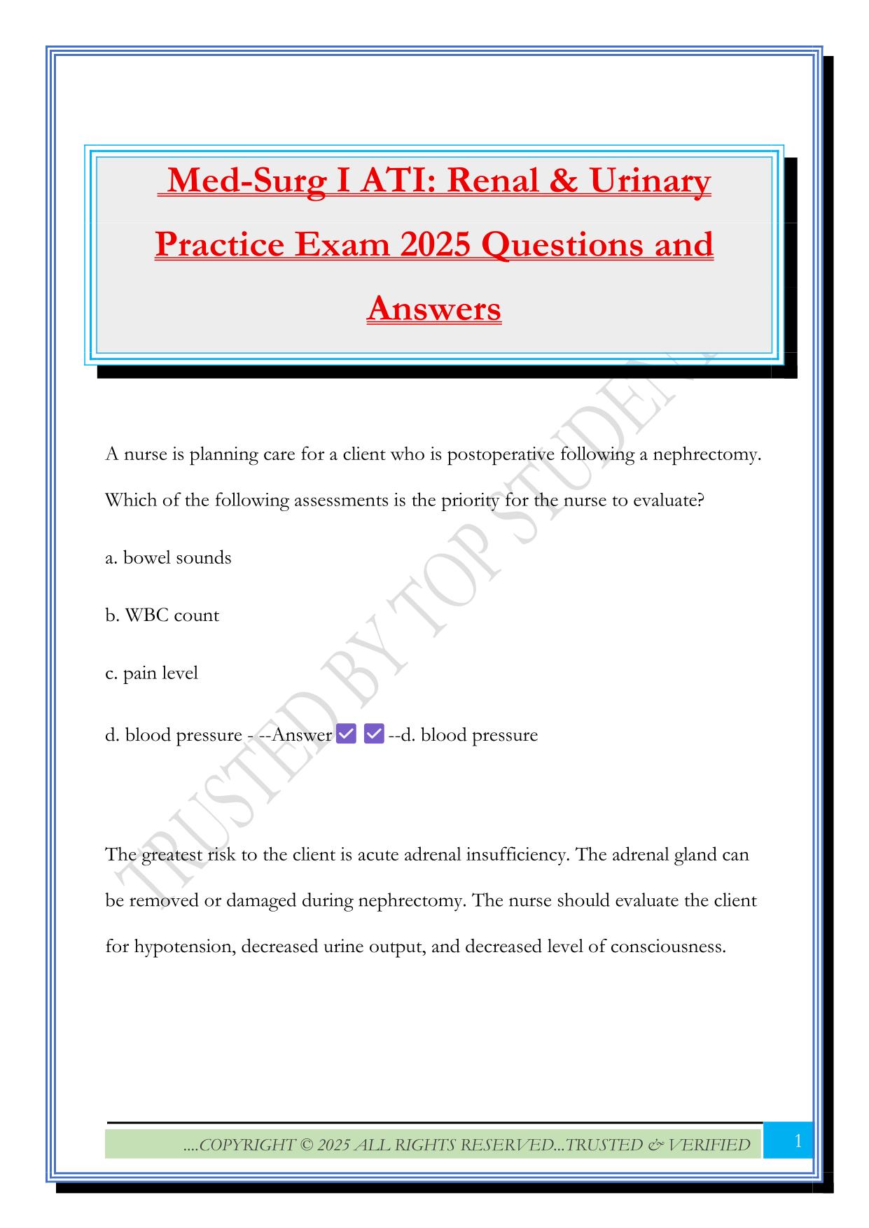 Med-Surg I ATI: Renal & Urinary Practice Exam 2025 Questions and Answers