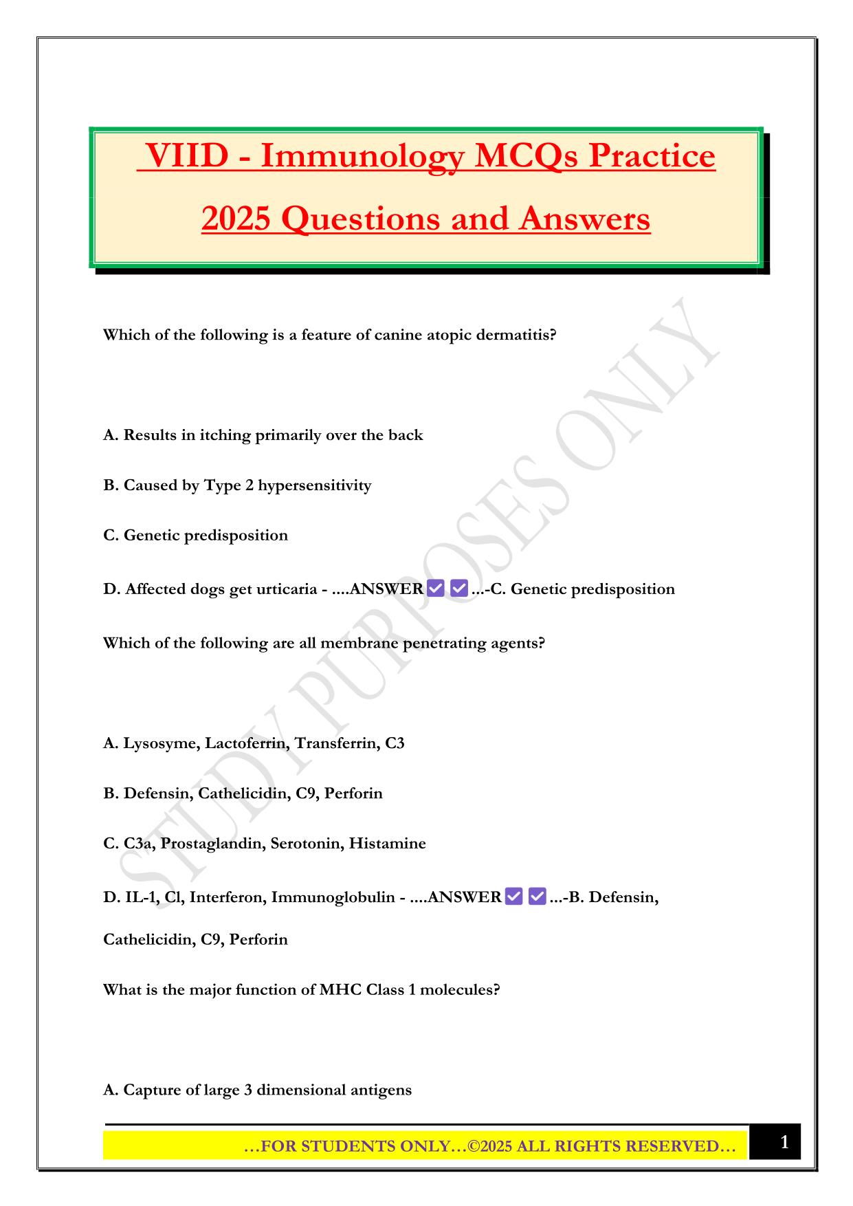 VIID - Immunology MCQs Practice 2025 Questions and Answers