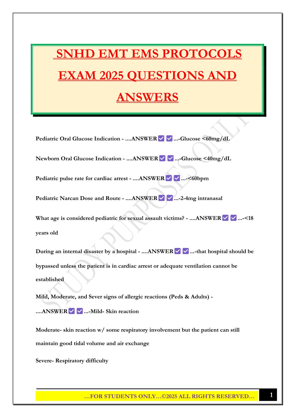 SNHD EMT EMS PROTOCOLS EXAM 2025 QUESTIONS AND ANSWERS