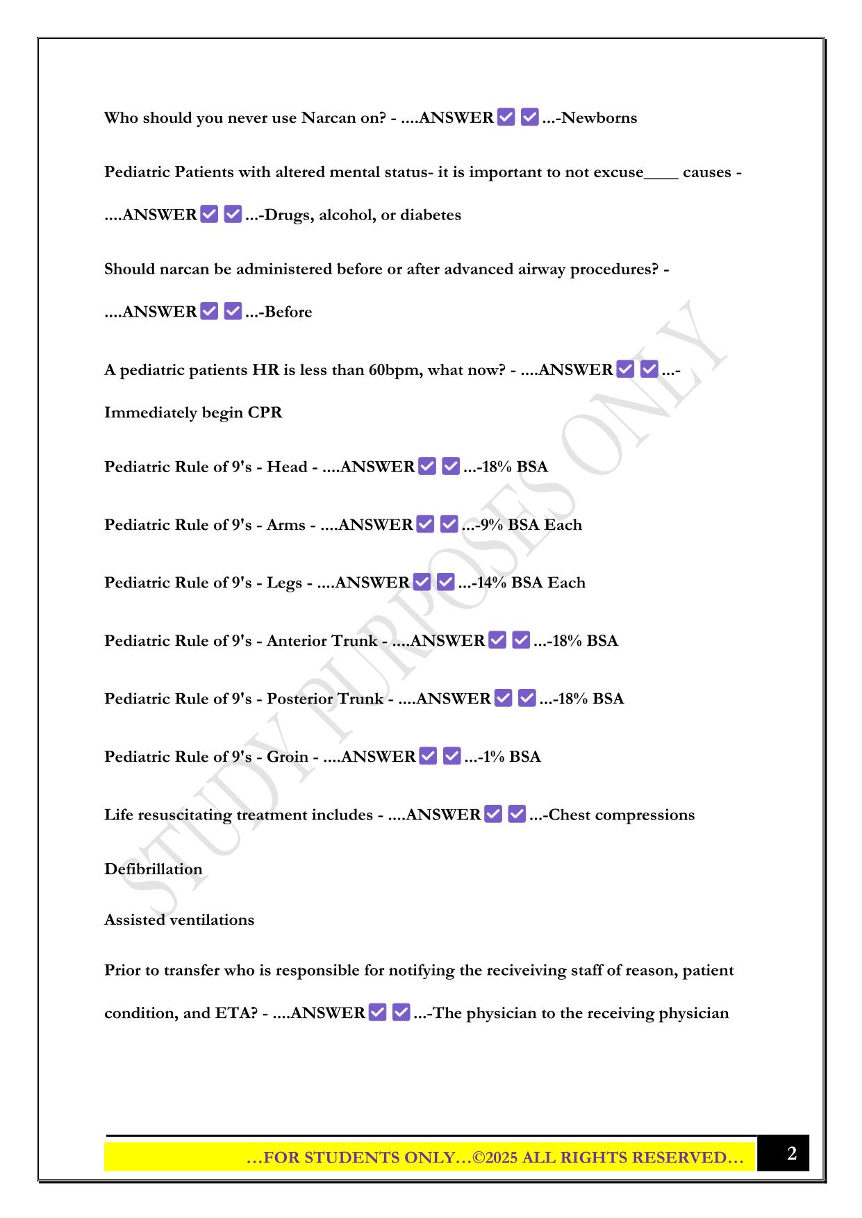 SNHD EMT EMS PROTOCOLS EXAM 2025 QUESTIONS AND ANSWERS