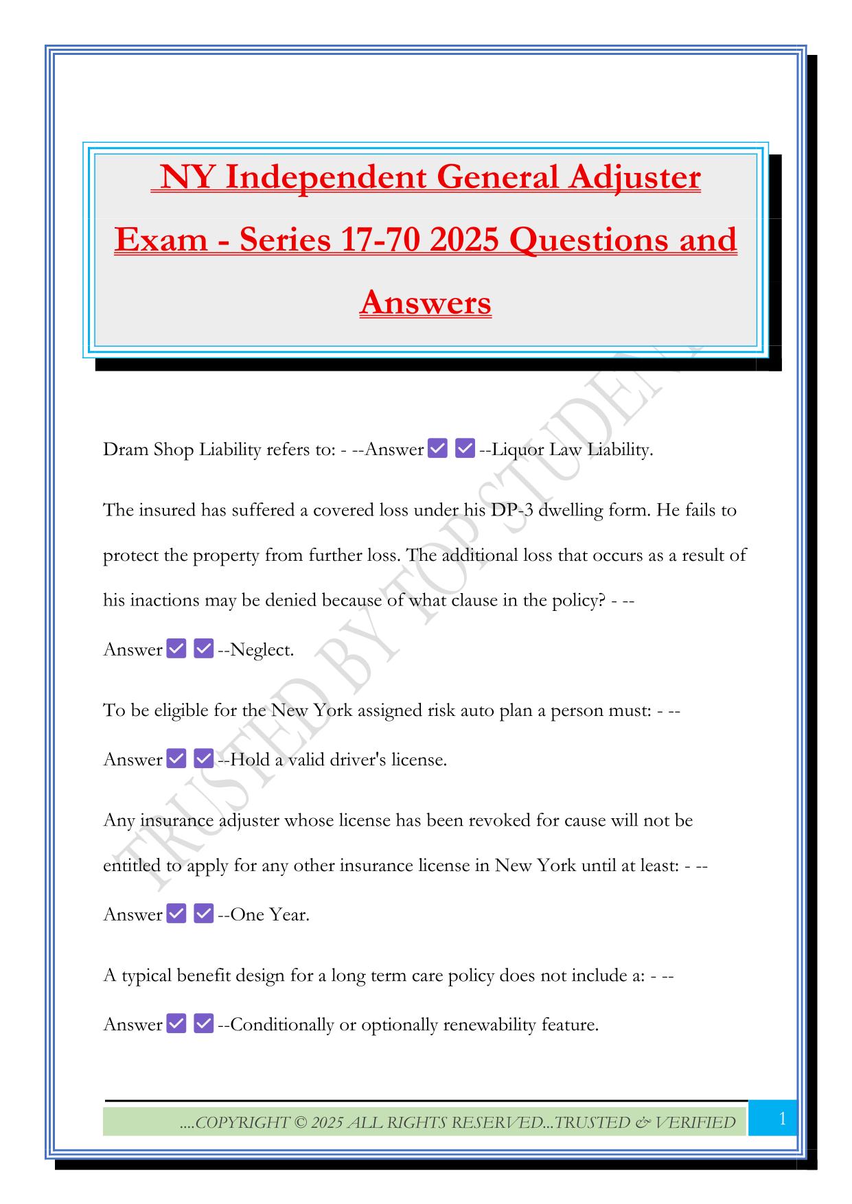 NY Independent General Adjuster Exam - Series 17-70 2025 Questions and Answers