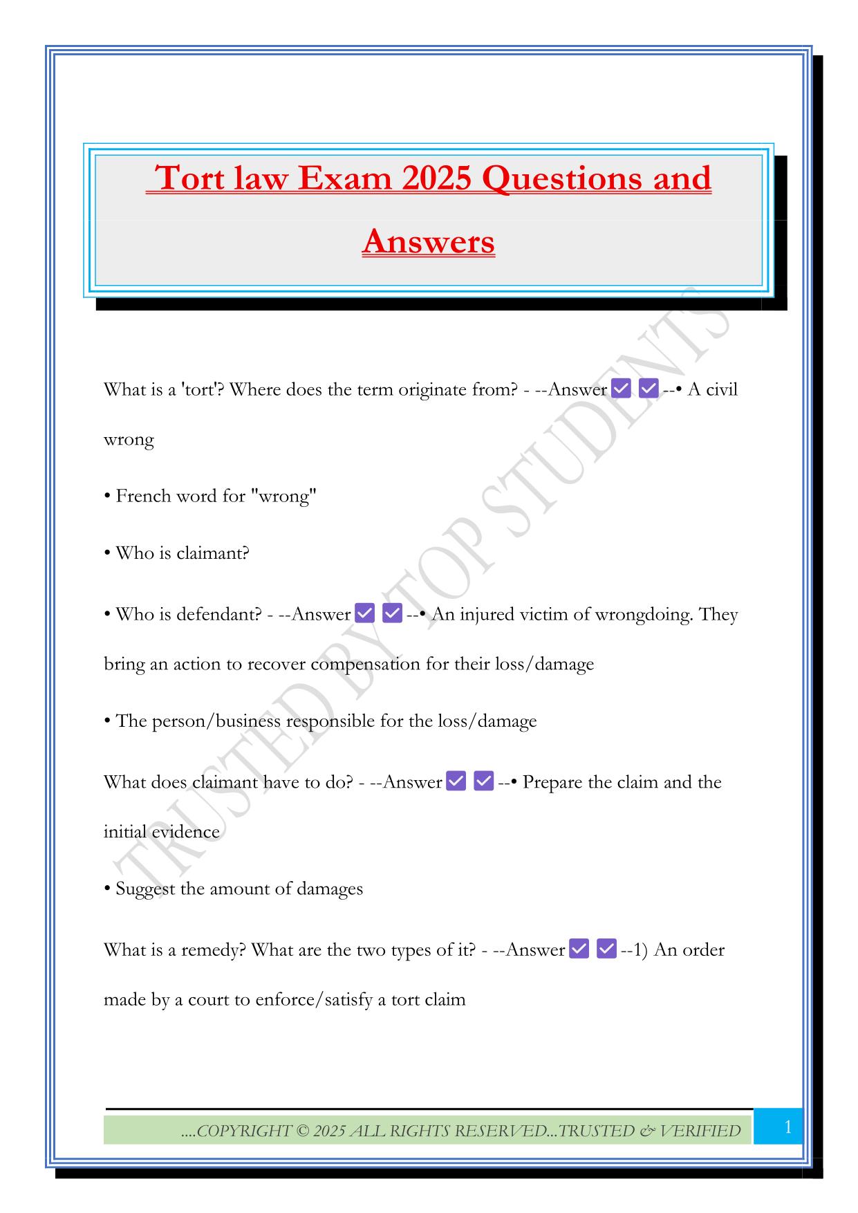 Tort law Exam 2025 Questions and Answers