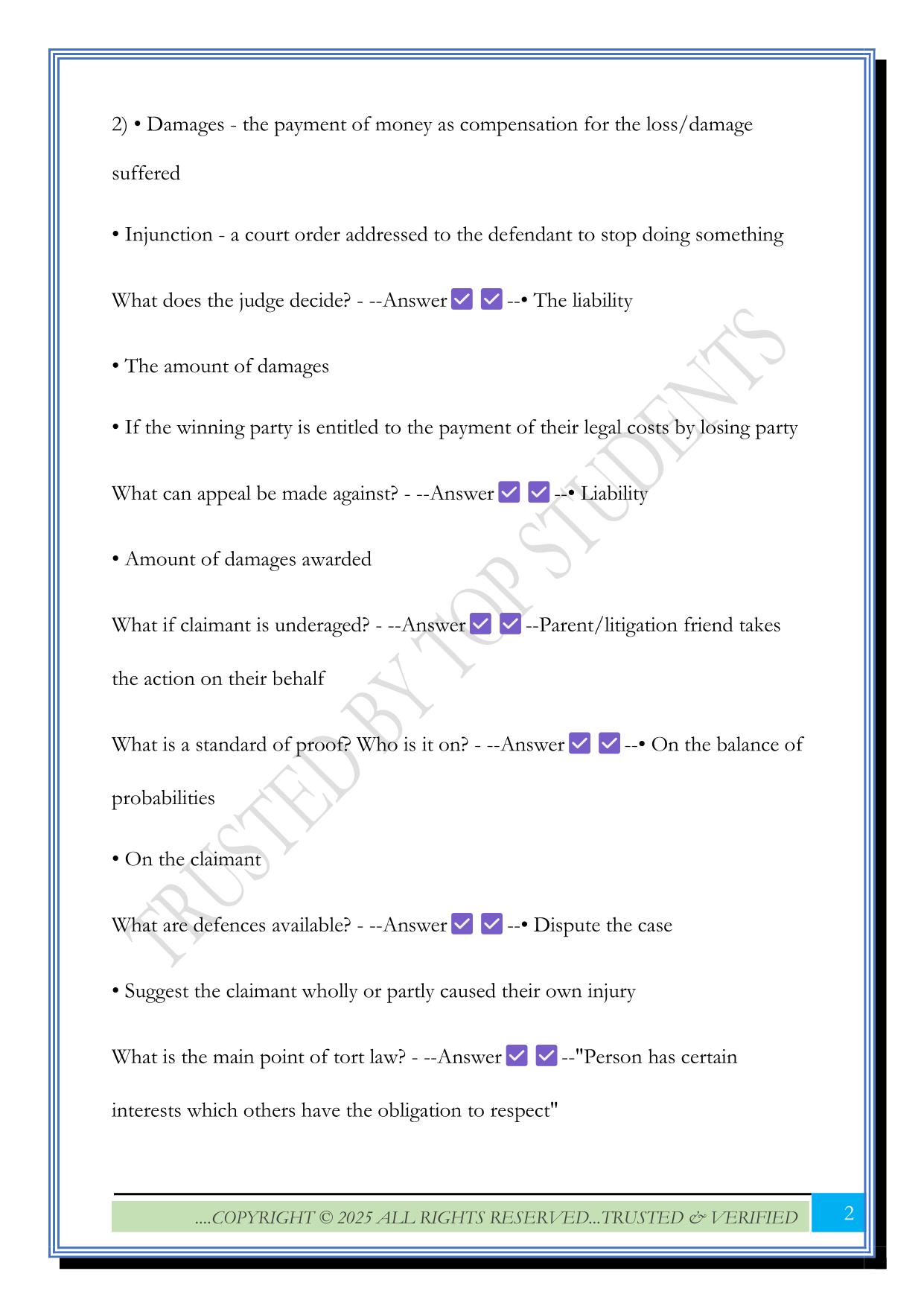Tort law Exam 2025 Questions and Answers
