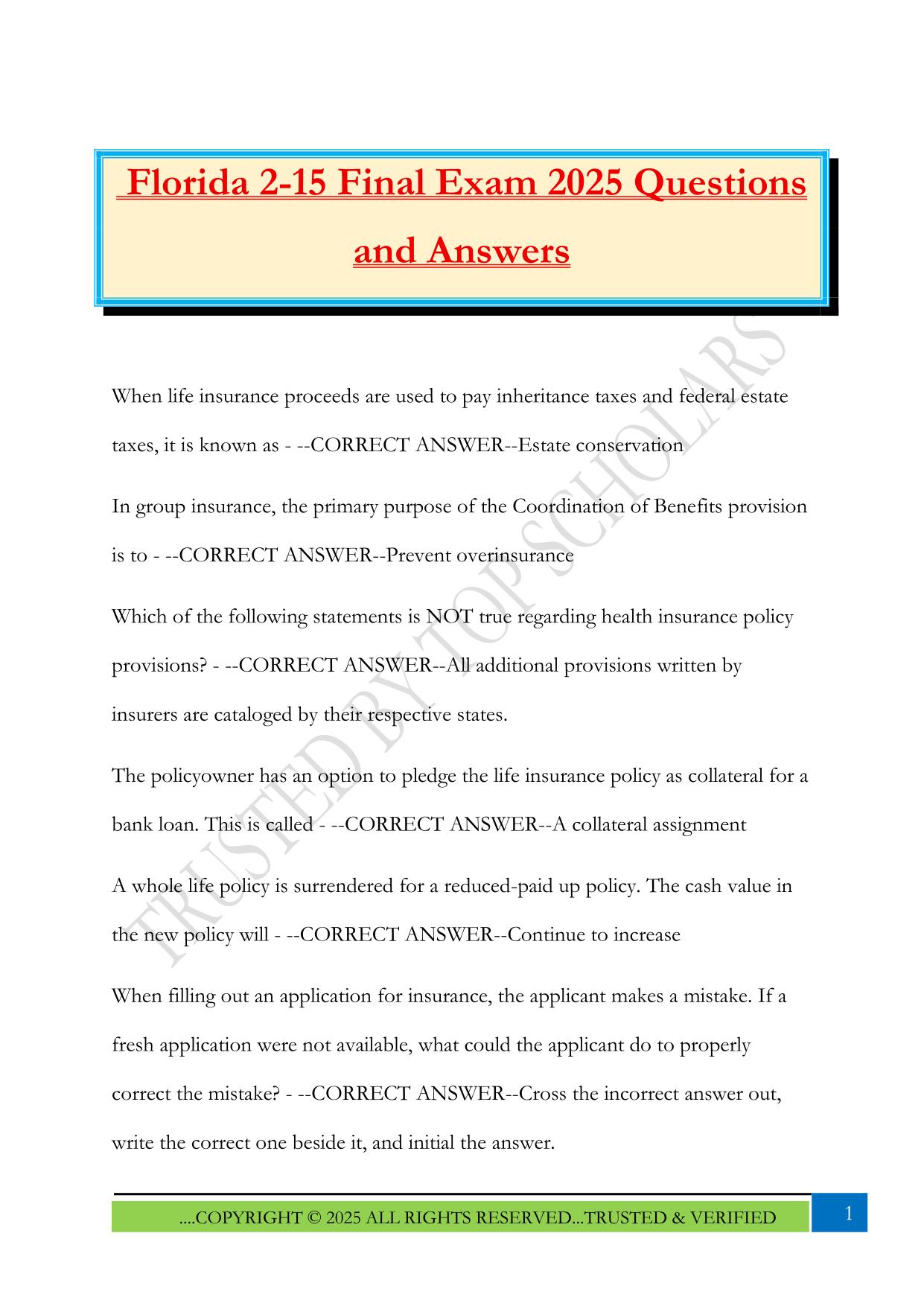 Florida 2-15 Final Exam 2025 Questions and Answers