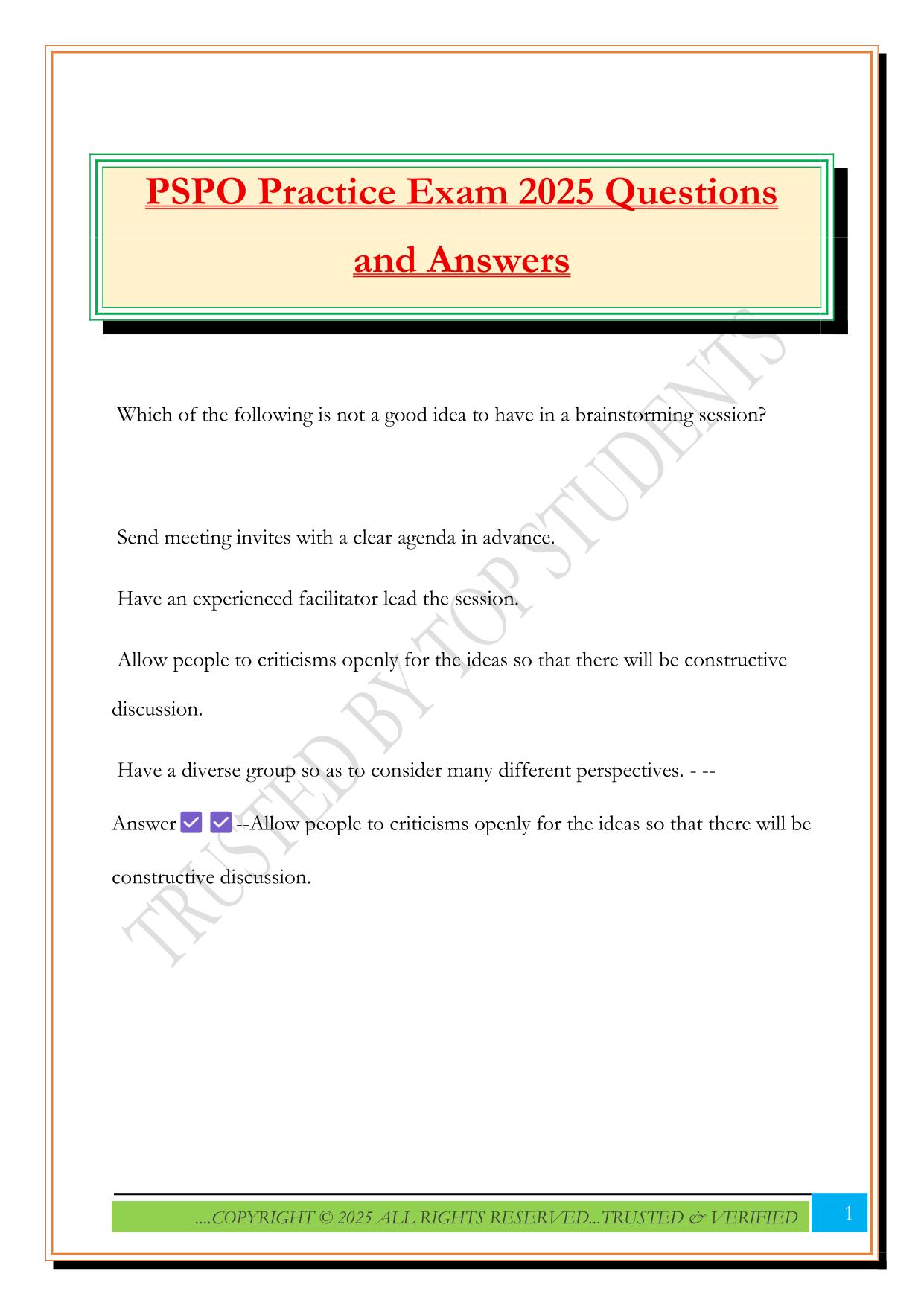 PSPO Practice Exam 2025 Questions and Answers