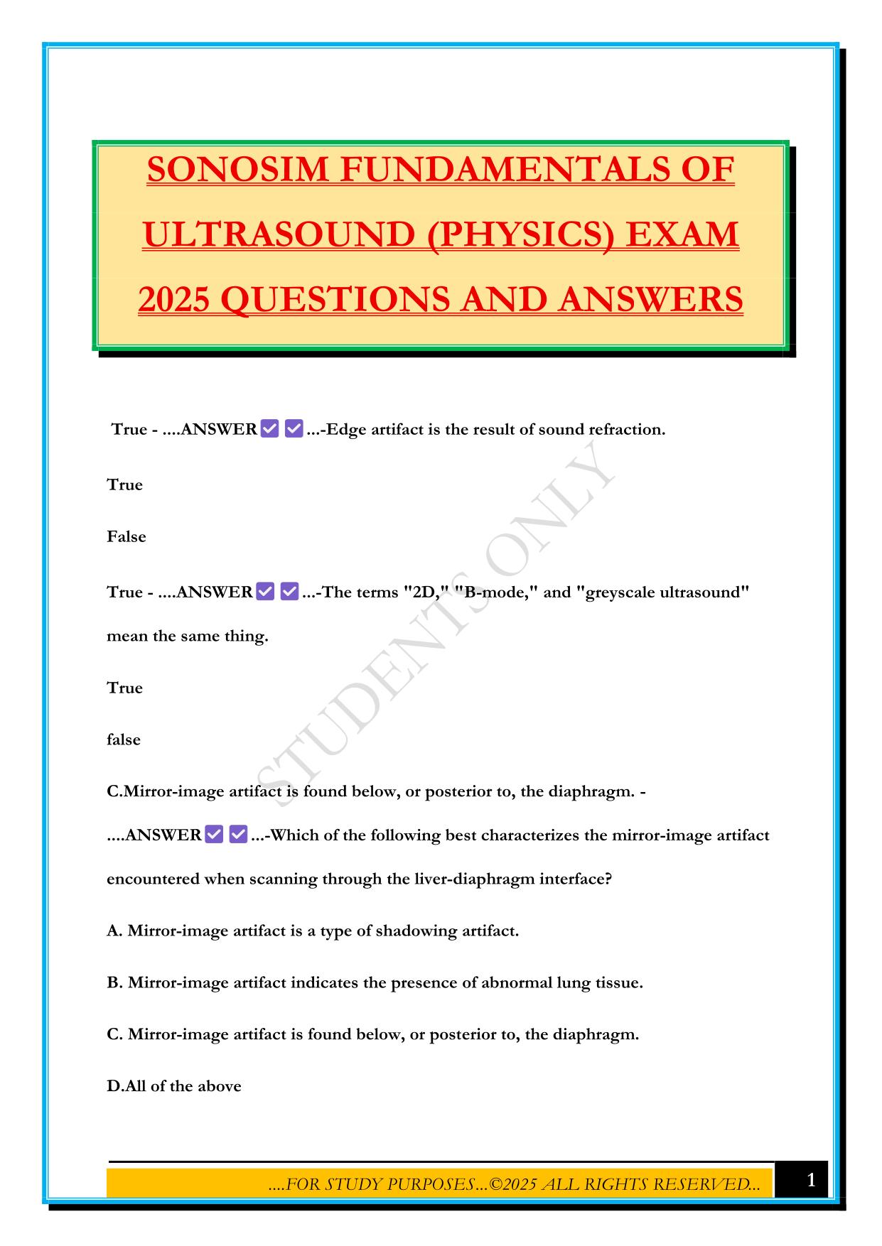 SONOSIM FUNDAMENTALS OF ULTRASOUND (PHYSICS) EXAM 2025 QUESTIONS AND ANSWERS