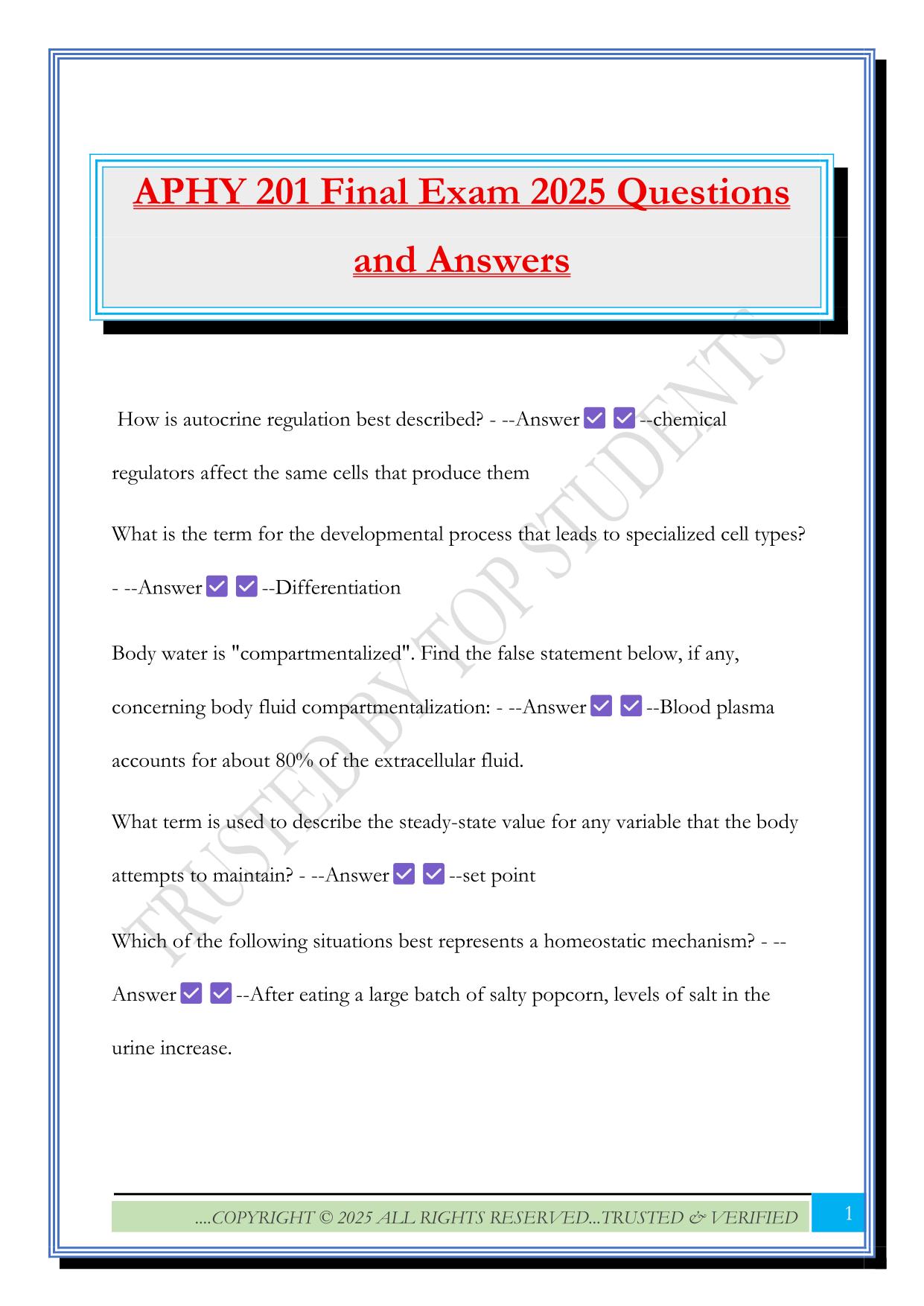 APHY 201 Final Exam 2025 Questions and Answers