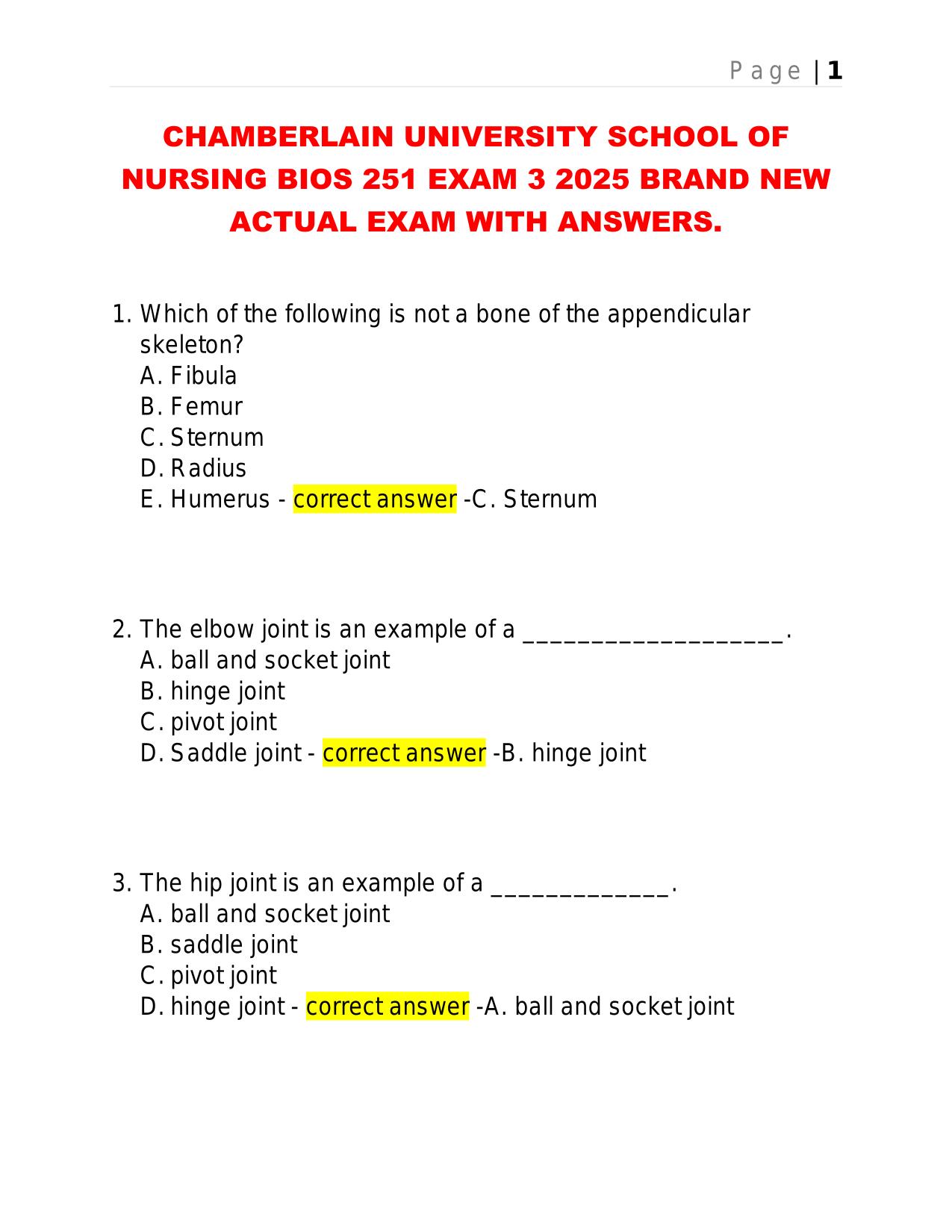 CHAMBERLAIN UNIVERSITY SCHOOL OF NURSING BIOS 251 EXAM 3 2025 BRAND NEW ACTUAL EXAM WITH ANSWERS.