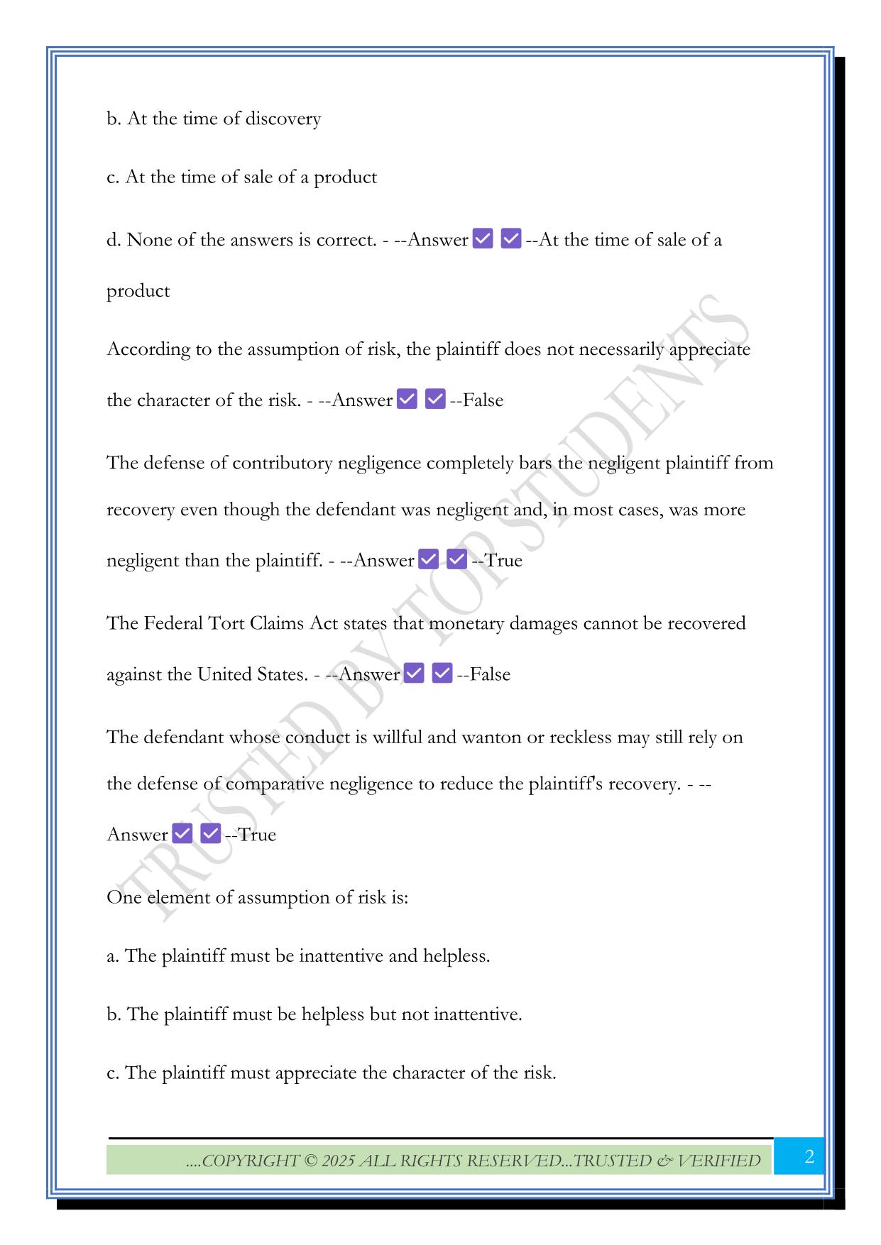 Torts - Final Exam Review 2025 Questions and Answers