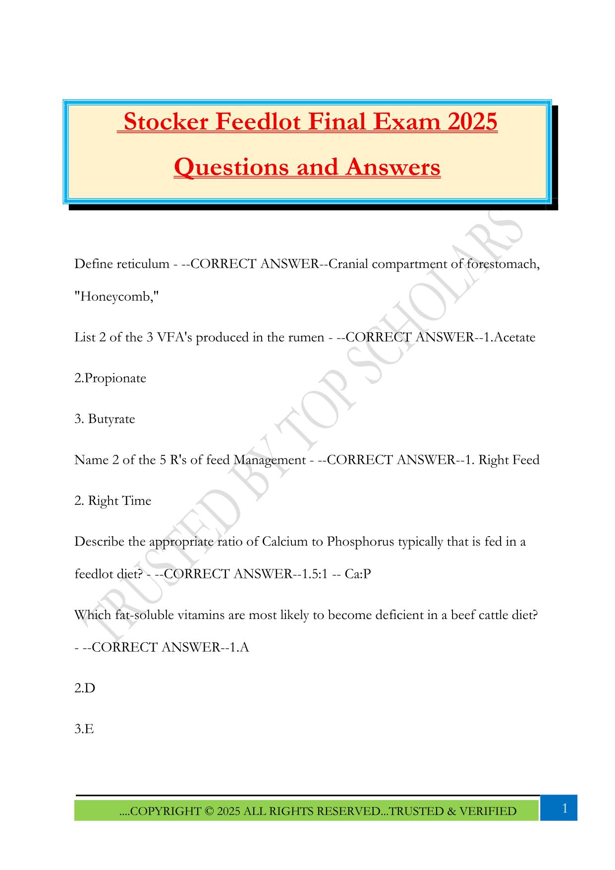 Stocker Feedlot Final Exam 2025 Questions and Answers