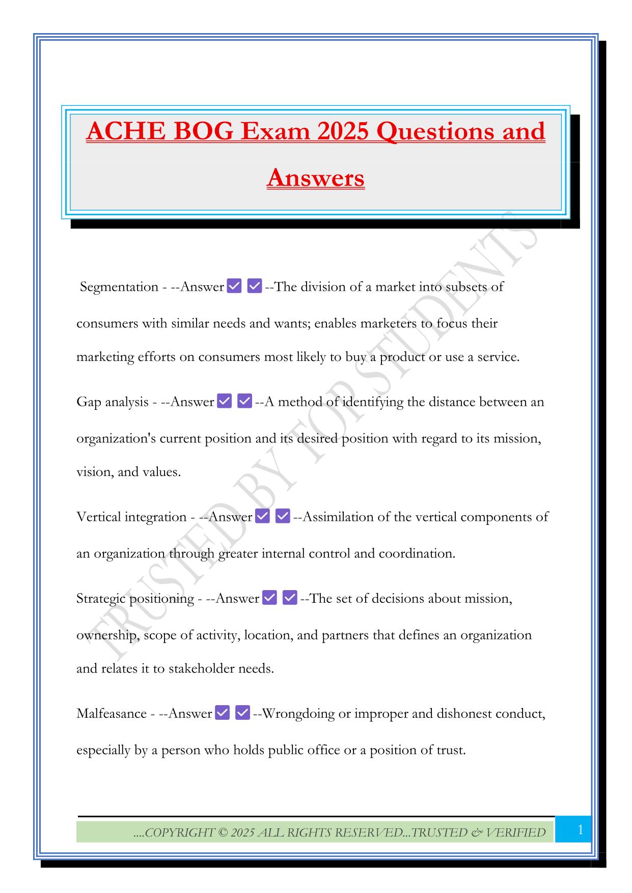 ACHE BOG Exam 2025 Questions and Answers