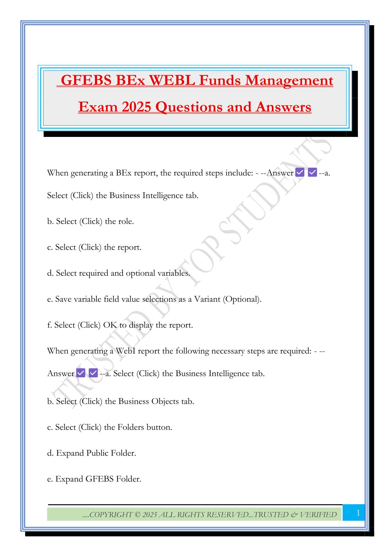 GFEBS BEx WEBL Funds Management Exam 2025 Questions and Answers
