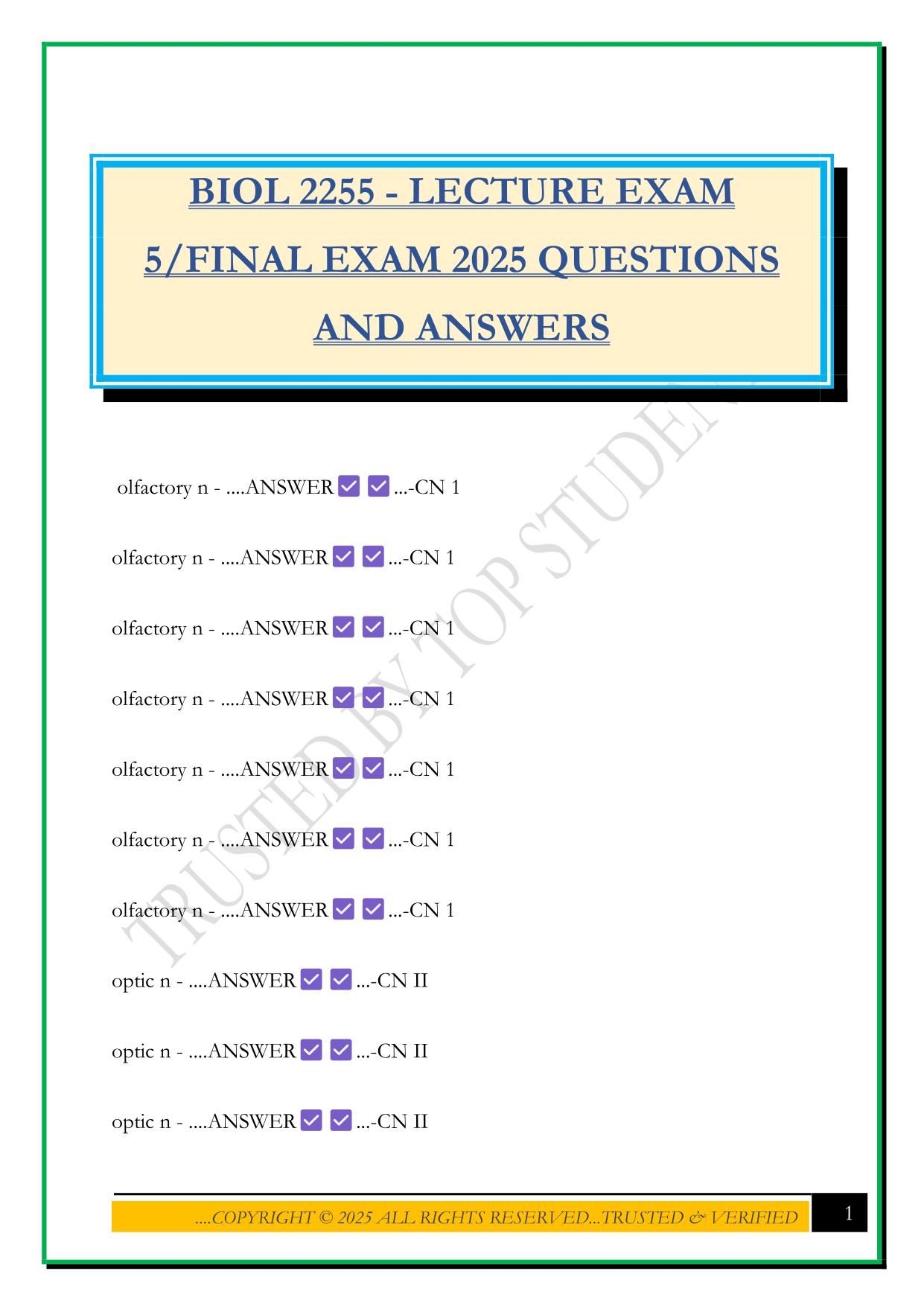 BIOL 2255 - LECTURE EXAM 5/FINAL EXAM 2025 QUESTIONS AND ANSWERS
